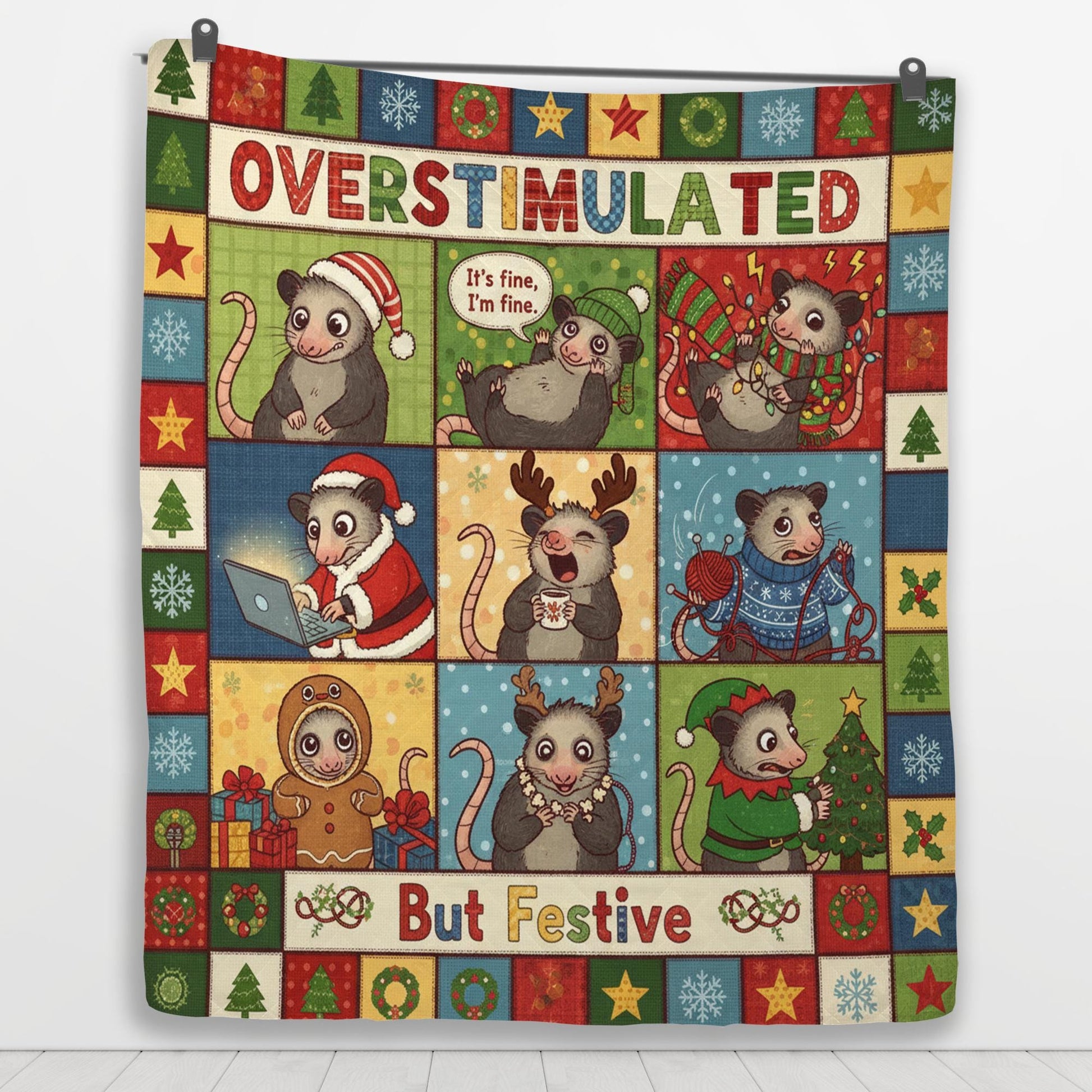 Opossum Quilt Blanket: "Overstimulated But Festive" Slogan, Christmas Theme, Cartoon Patchwork Style image 2