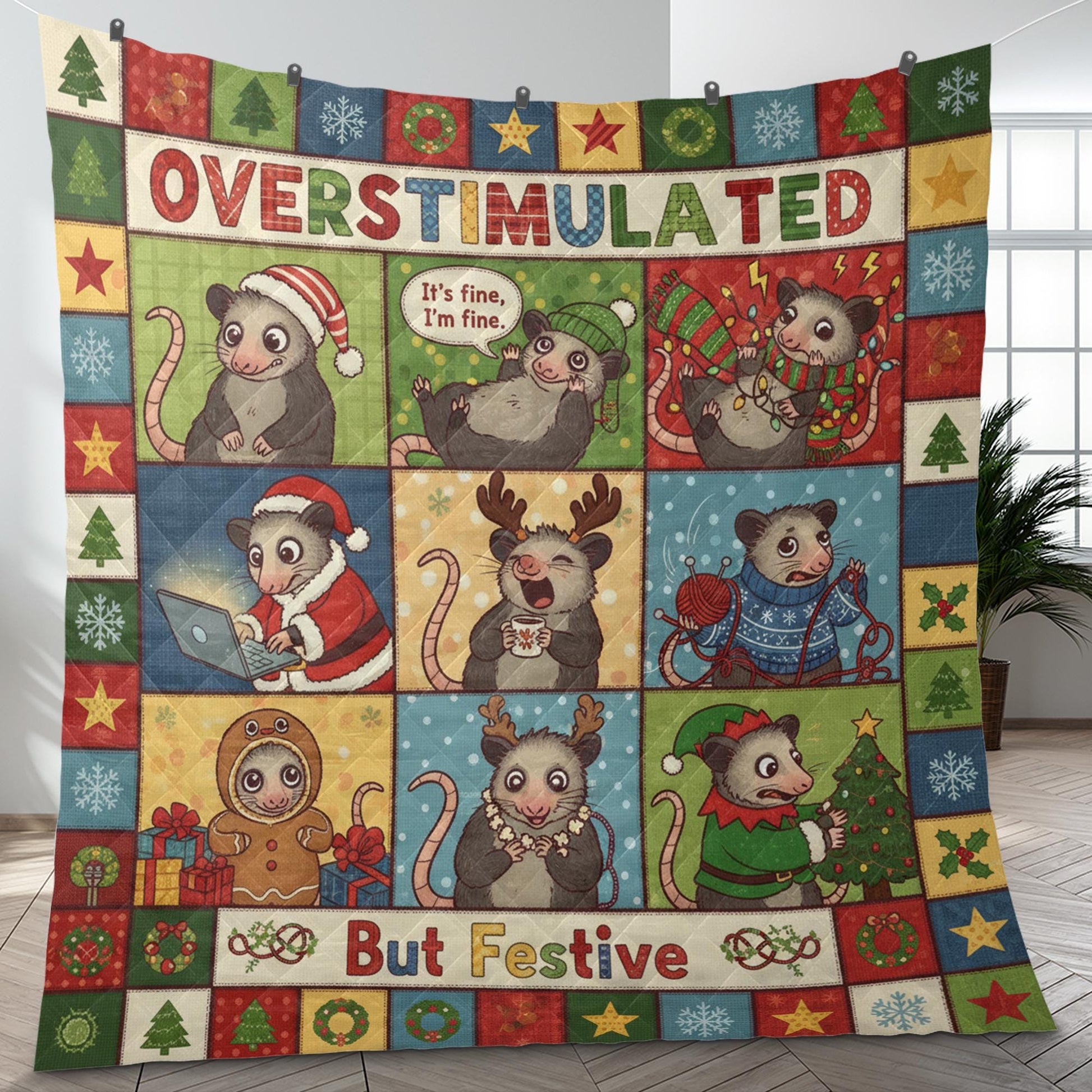Opossum Quilt Blanket: "Overstimulated But Festive" Slogan, Christmas Theme, Cartoon Patchwork Style image 1