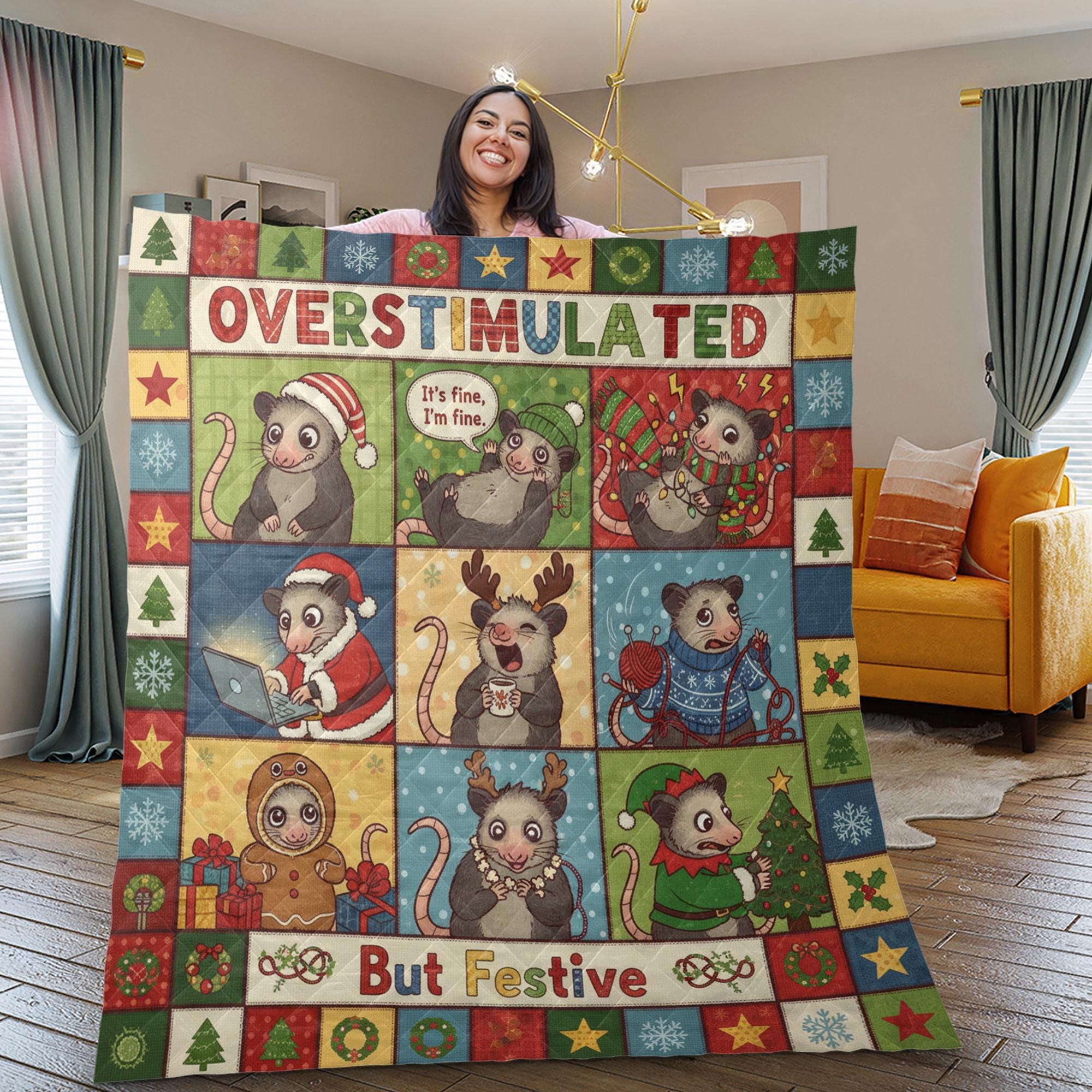 Opossum Quilt Blanket: "Overstimulated But Festive" Slogan, Christmas Theme, Cartoon Patchwork Style image 5