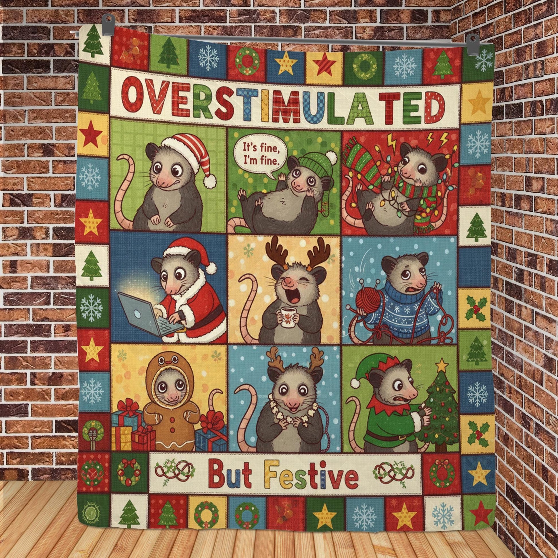 Opossum Quilt Blanket: "Overstimulated But Festive" Slogan, Christmas Theme, Cartoon Patchwork Style image 6