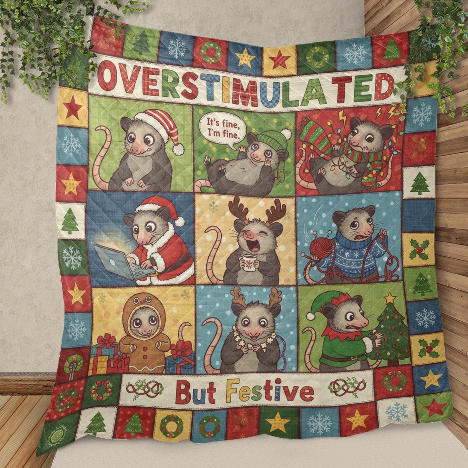 Opossum Quilt Blanket: "Overstimulated But Festive" Slogan, Christmas Theme, Cartoon Patchwork Style image 7