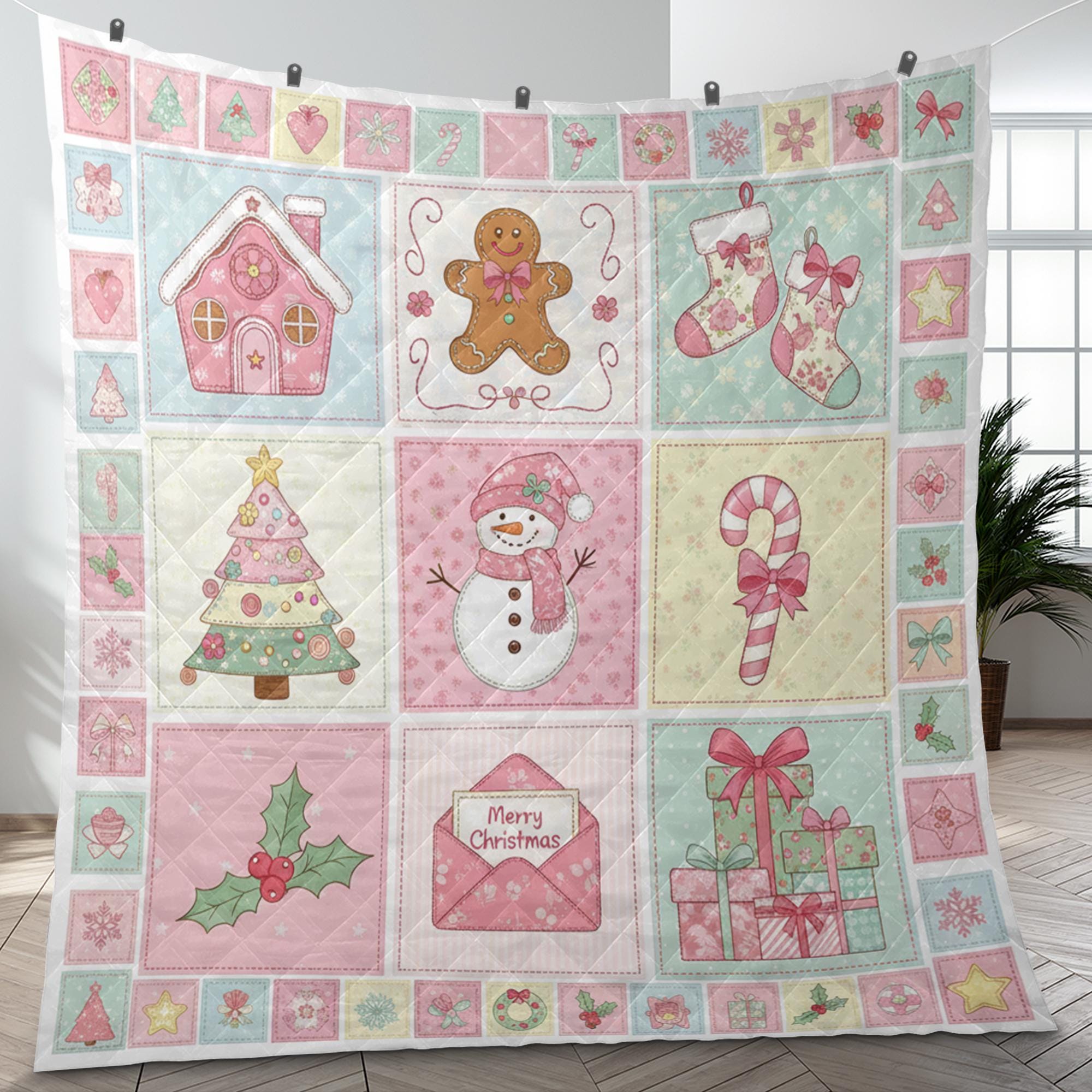 Pink Christmas Quilt Blanket: Pastel Holiday Decor, Shabby Chic Patchwork, Gingerbread Snowman image 1