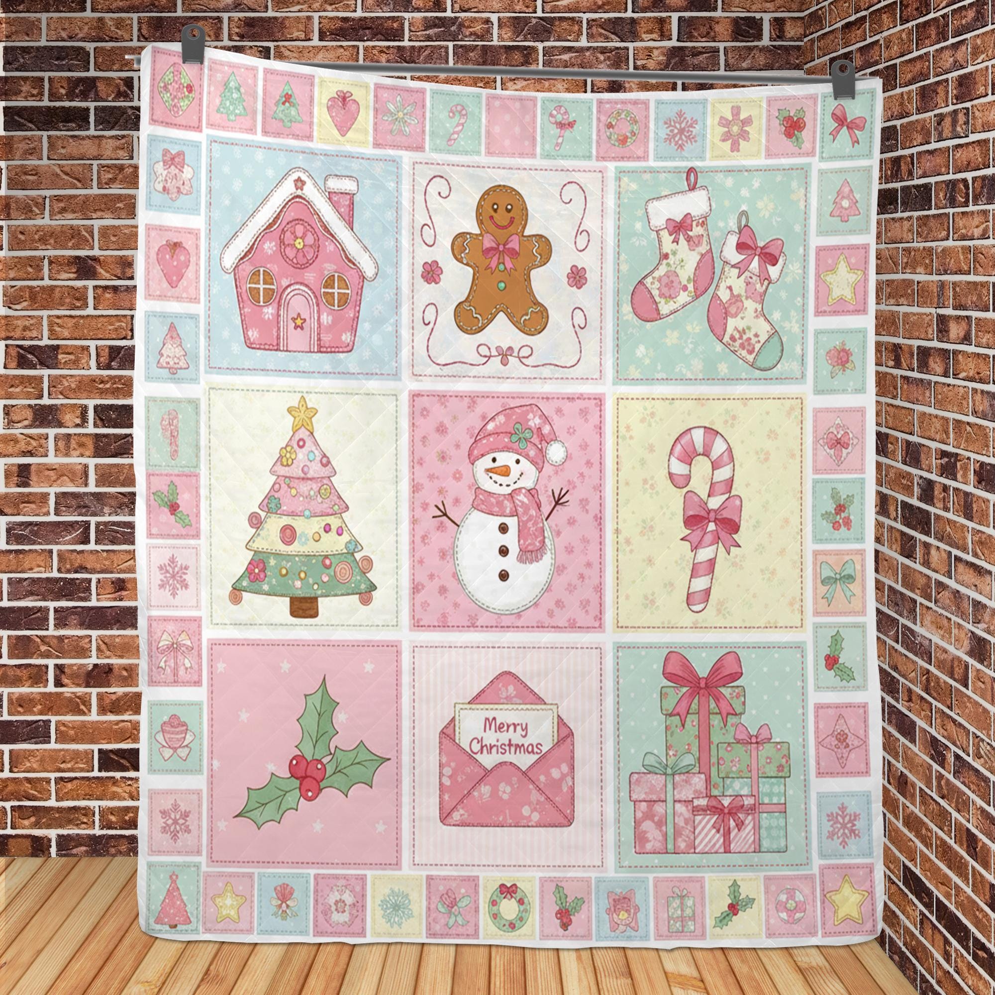 Pink Christmas Quilt Blanket: Pastel Holiday Decor, Shabby Chic Patchwork, Gingerbread Snowman image 2