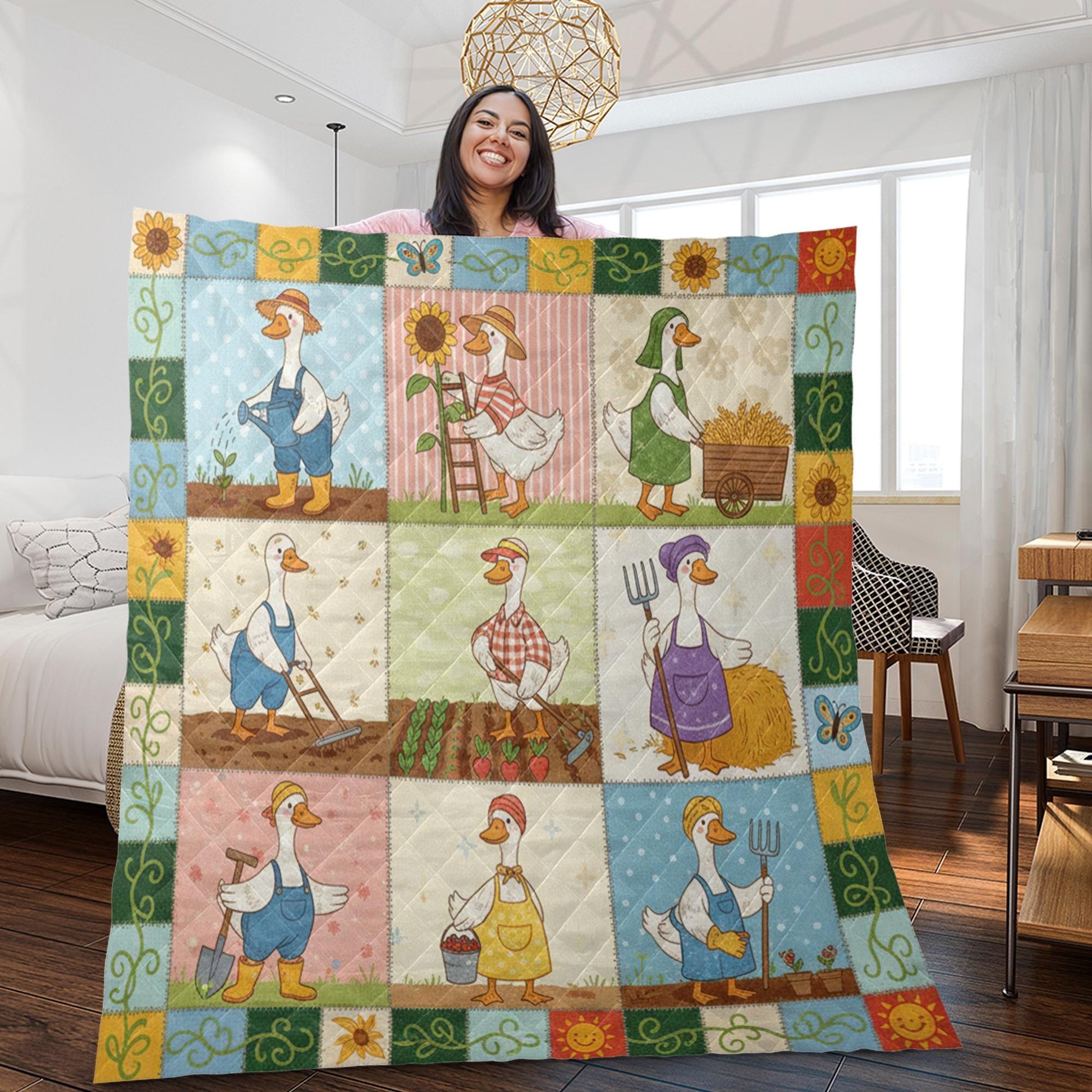 Goose Quilt Blanket: Gardening Theme, Cartoon Farmer Illustrations, Farmhouse Patchwork Style image 3