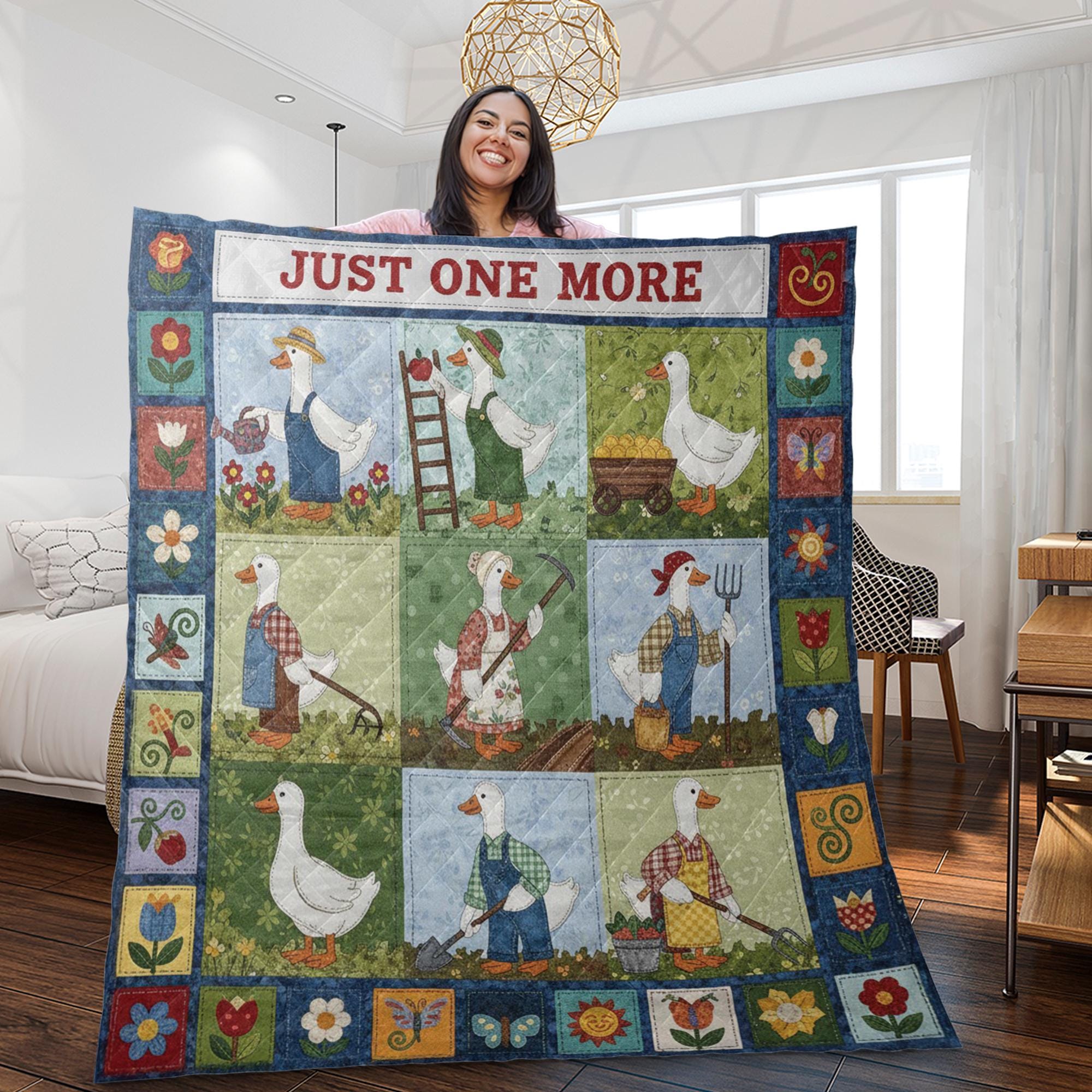 Gardening Quilt Blanket: "Just One More" Slogan, Cartoon Goose, Farmhouse Patchwork Style image 4