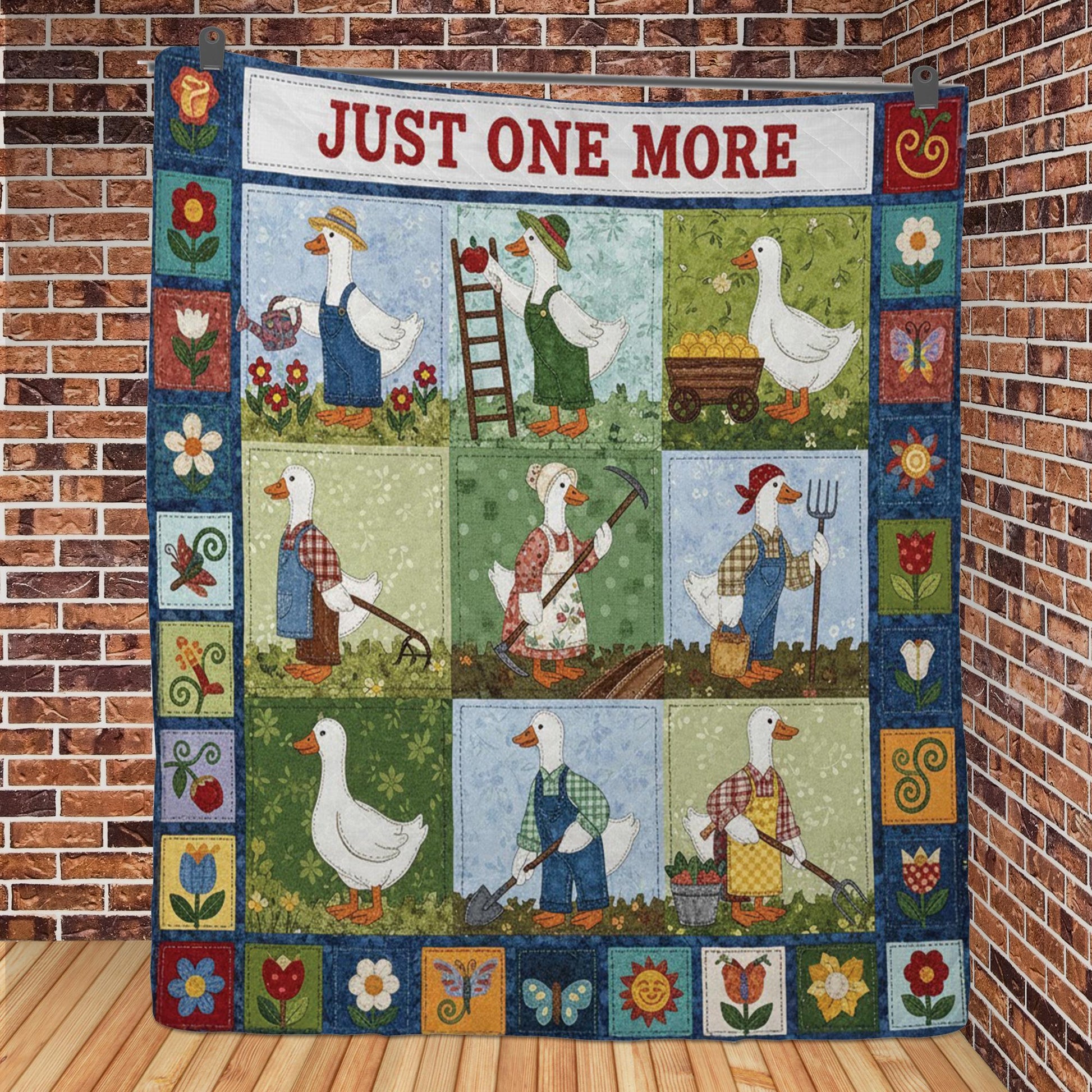 Gardening Quilt Blanket: "Just One More" Slogan, Cartoon Goose, Farmhouse Patchwork Style image 5