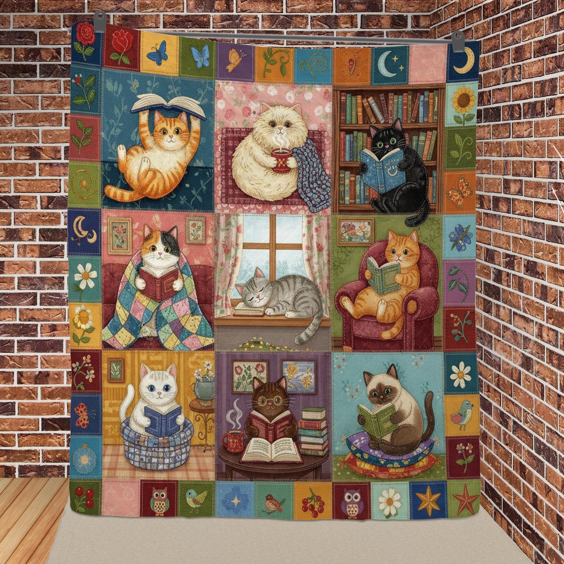 Cat Quilt Blanket: Reading Theme, Book Lover Illustrations, Patchwork Style image 1