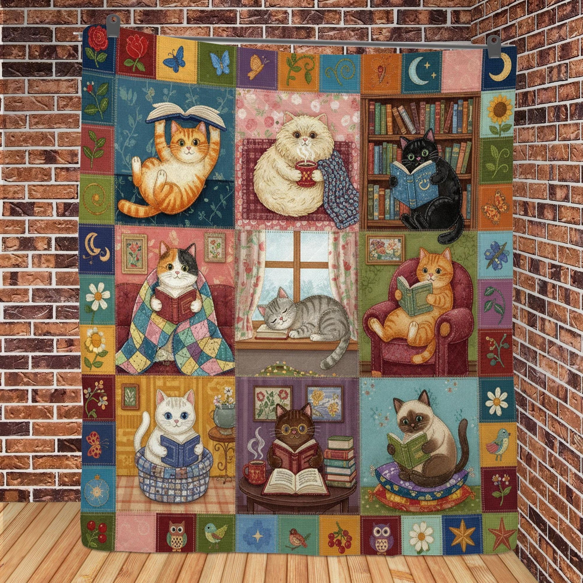 Cat Quilt Blanket: Reading Theme, Book Lover Illustrations, Patchwork Style image 6