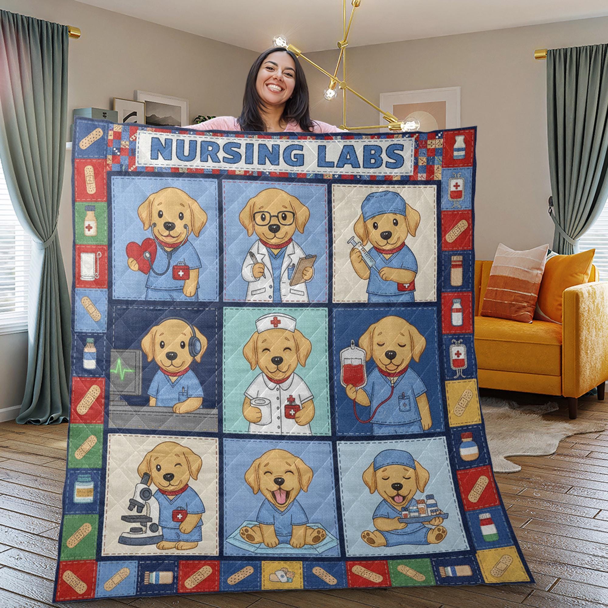 Nursing Lab Quilt Blanket: Labrador Puppy Theme, Cartoon Medical Illustrations, Patchwork Style image 4