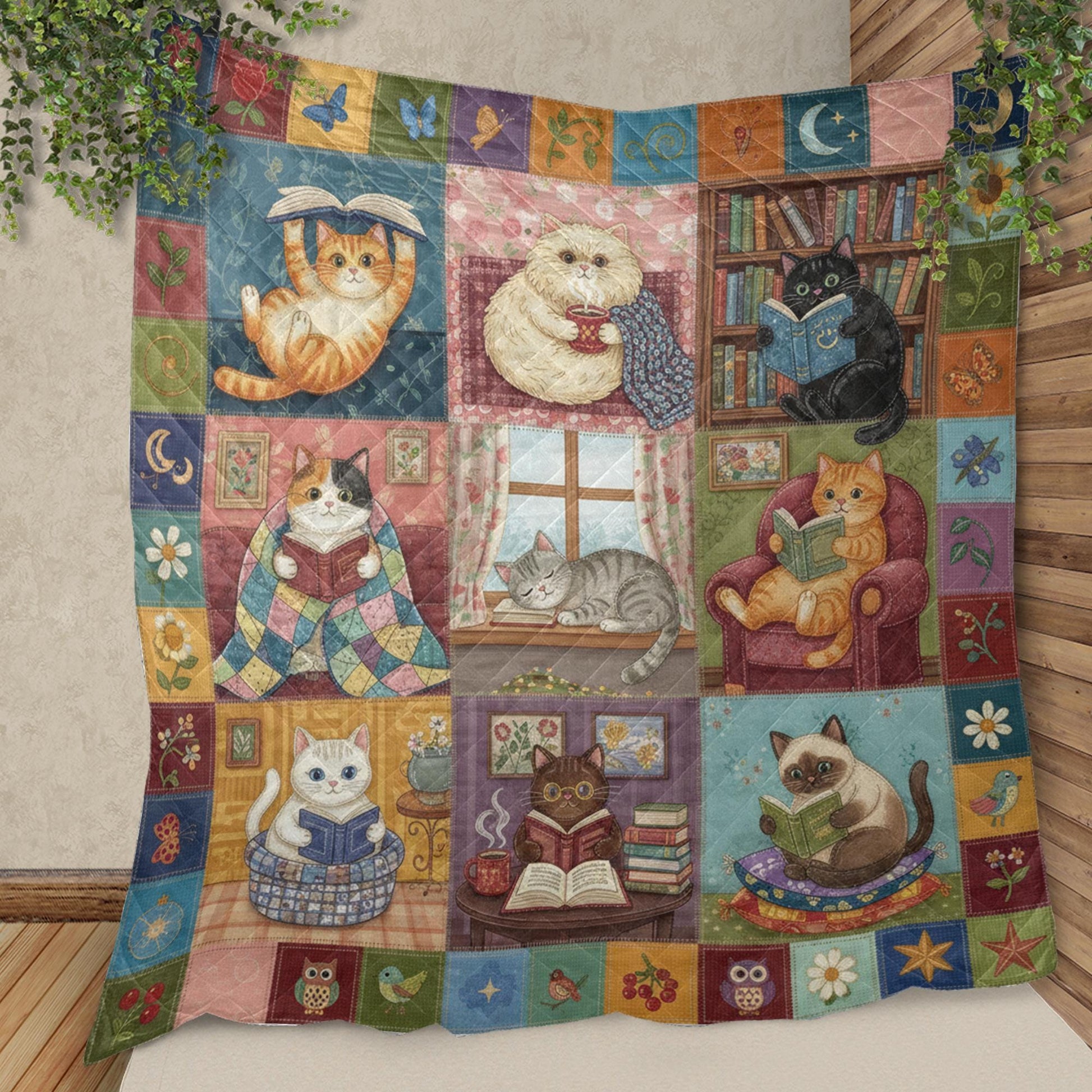 Cat Quilt Blanket: Reading Theme, Book Lover Illustrations, Patchwork Style image 3