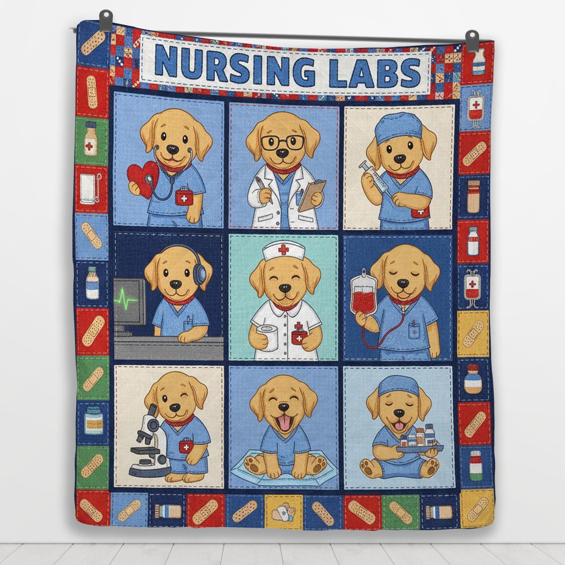 Nursing Lab Quilt Blanket: Labrador Puppy Theme, Cartoon Medical Illustrations, Patchwork Style image 3