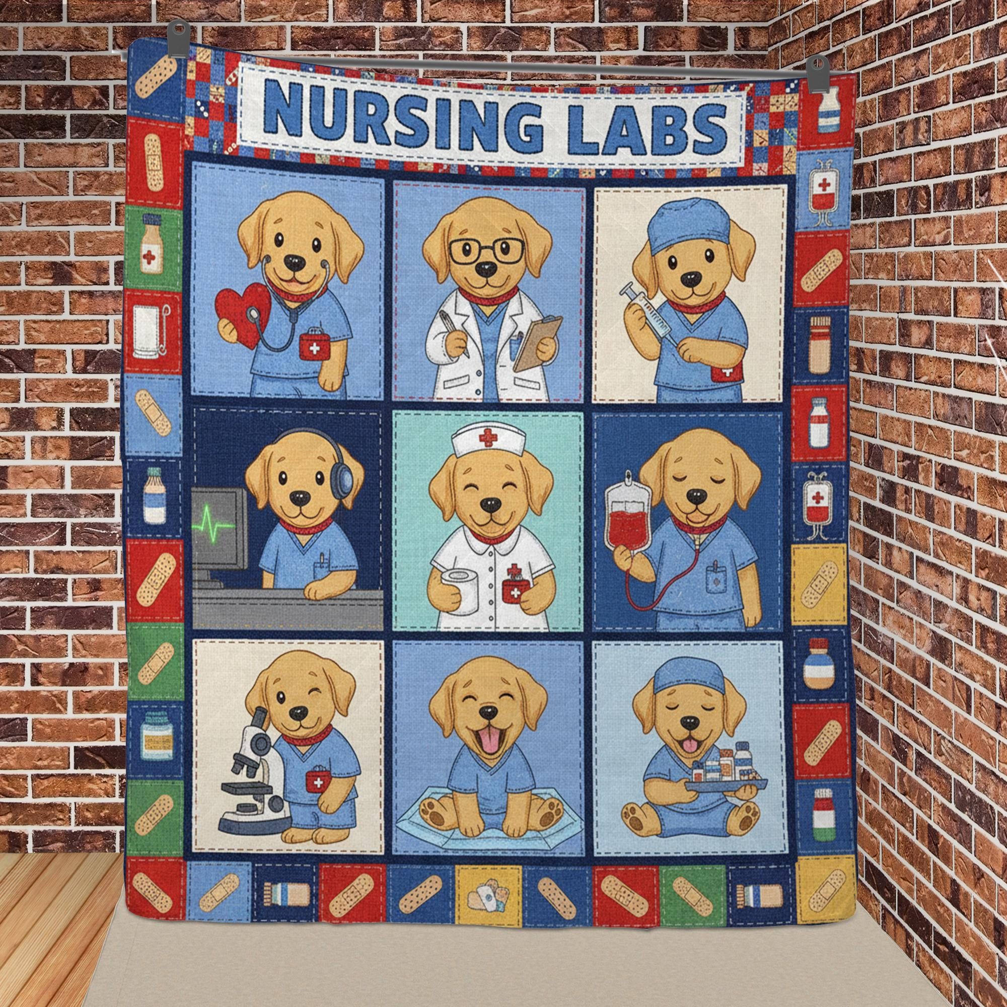 Nursing Lab Quilt Blanket: Labrador Puppy Theme, Cartoon Medical Illustrations, Patchwork Style image 5