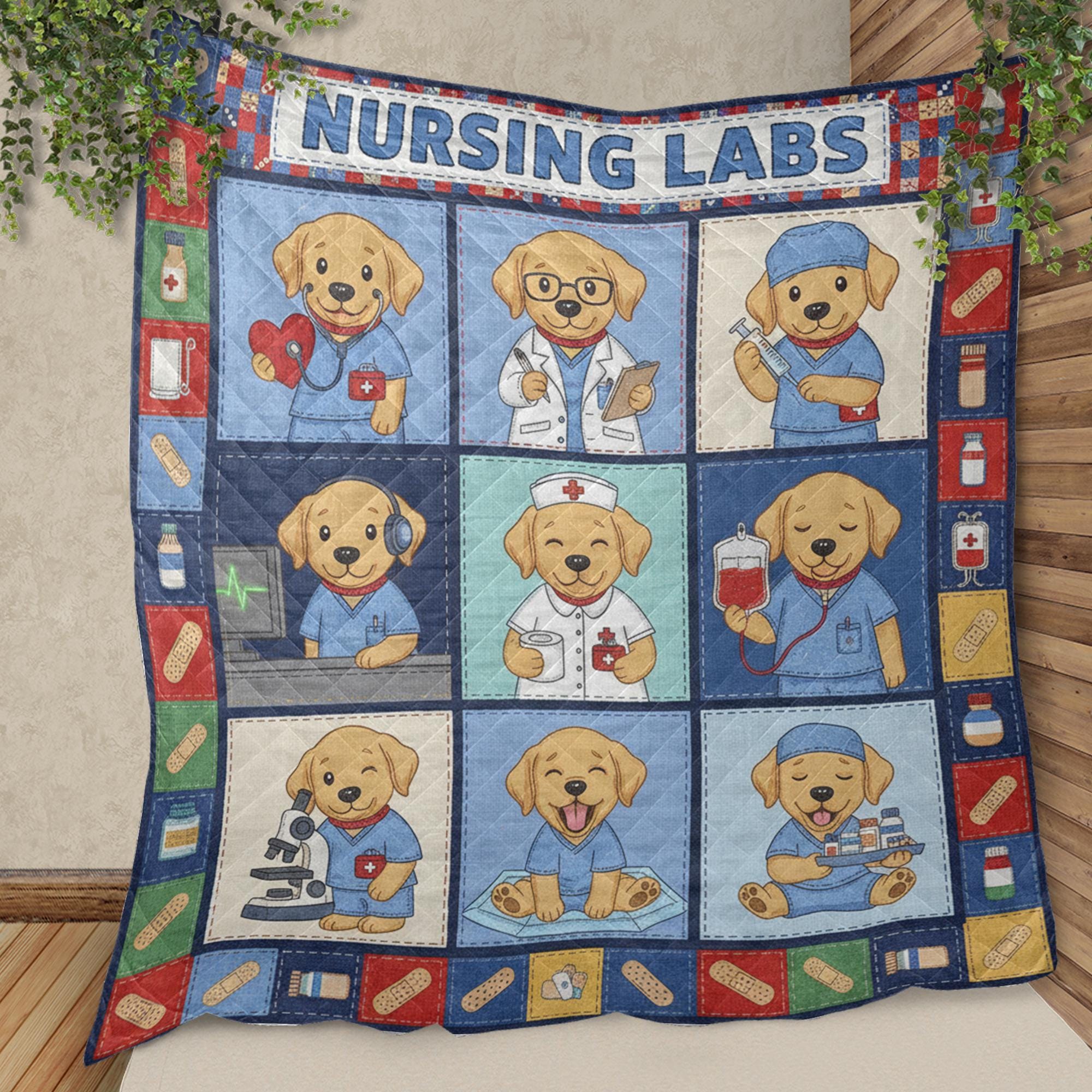 Nursing Lab Quilt Blanket: Labrador Puppy Theme, Cartoon Medical Illustrations, Patchwork Style image 6