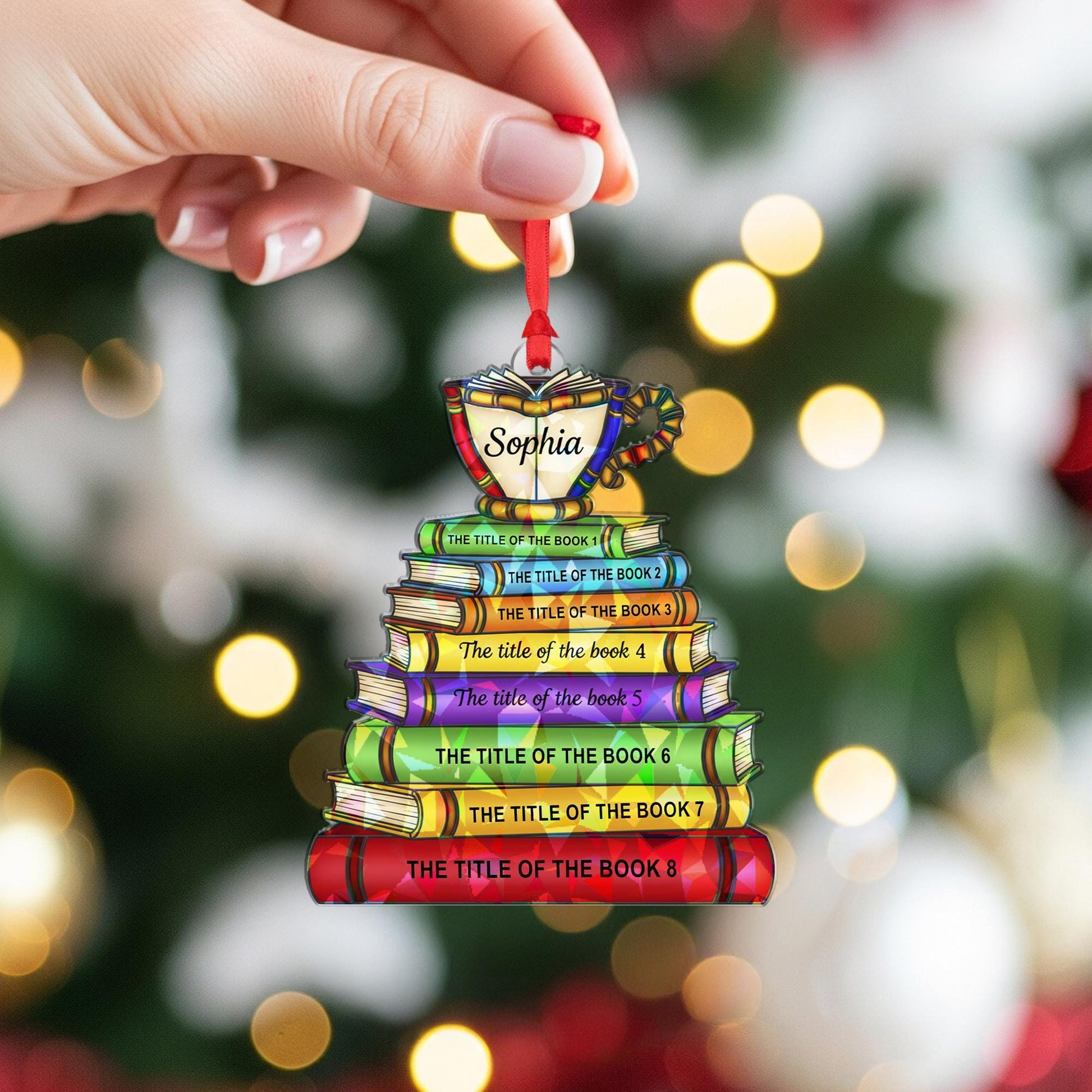 Custom Book Stack Ornament | Holographic Name Ornament image 3