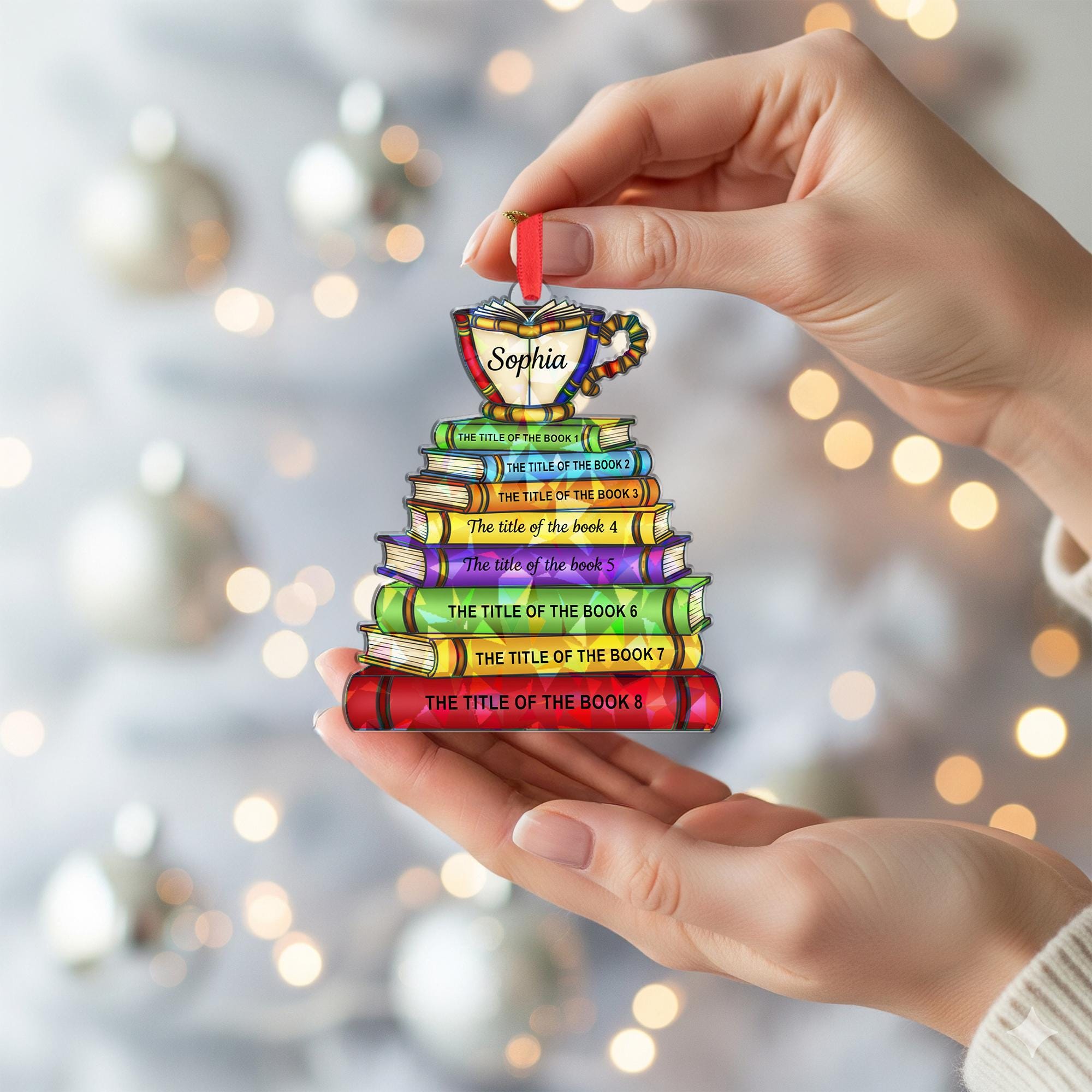 Custom Book Stack Ornament | Holographic Name Ornament image 6