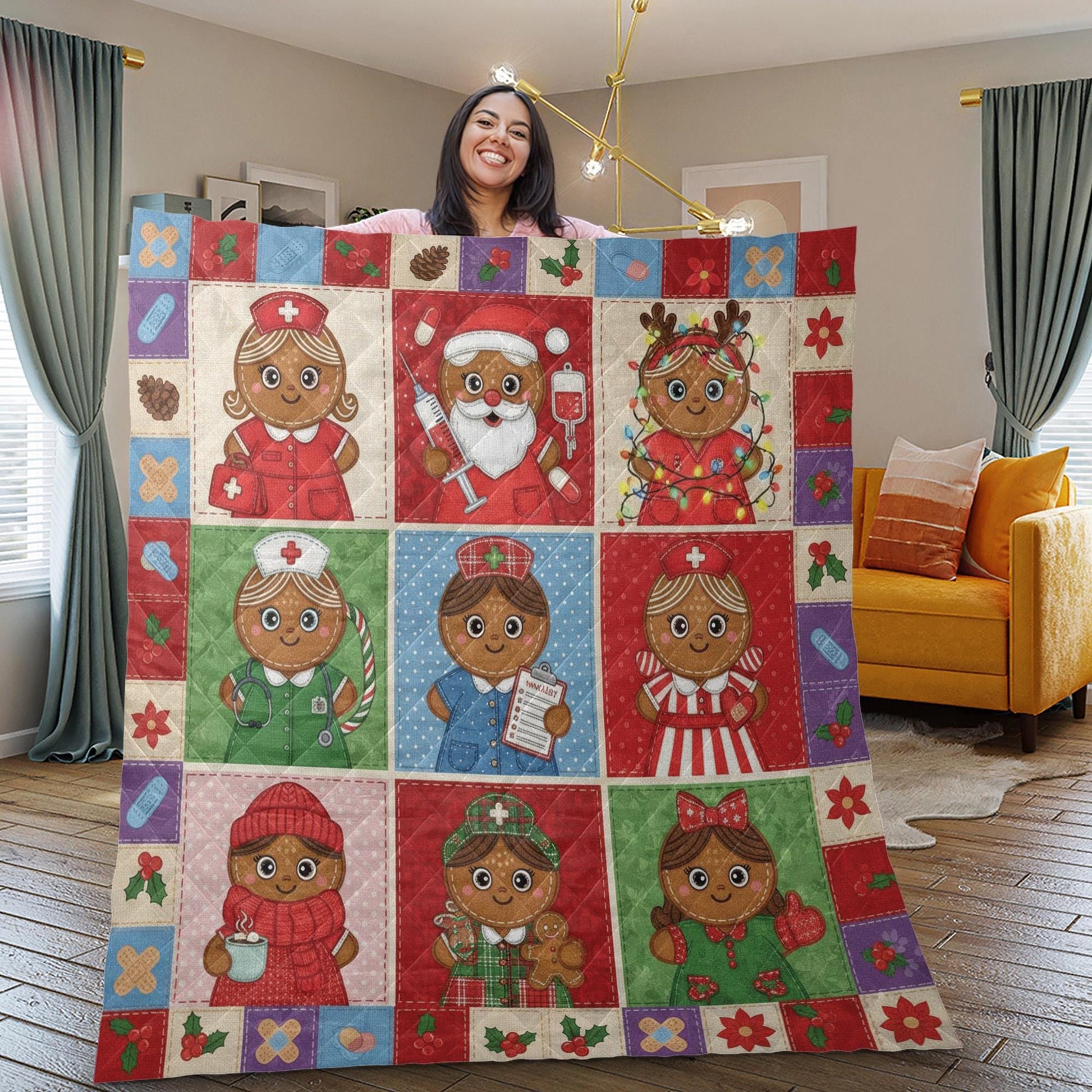 Gingerbread Nurse Quilt Blanket: Christmas Theme, Medical Patchwork Style, Holiday Bedding image 3