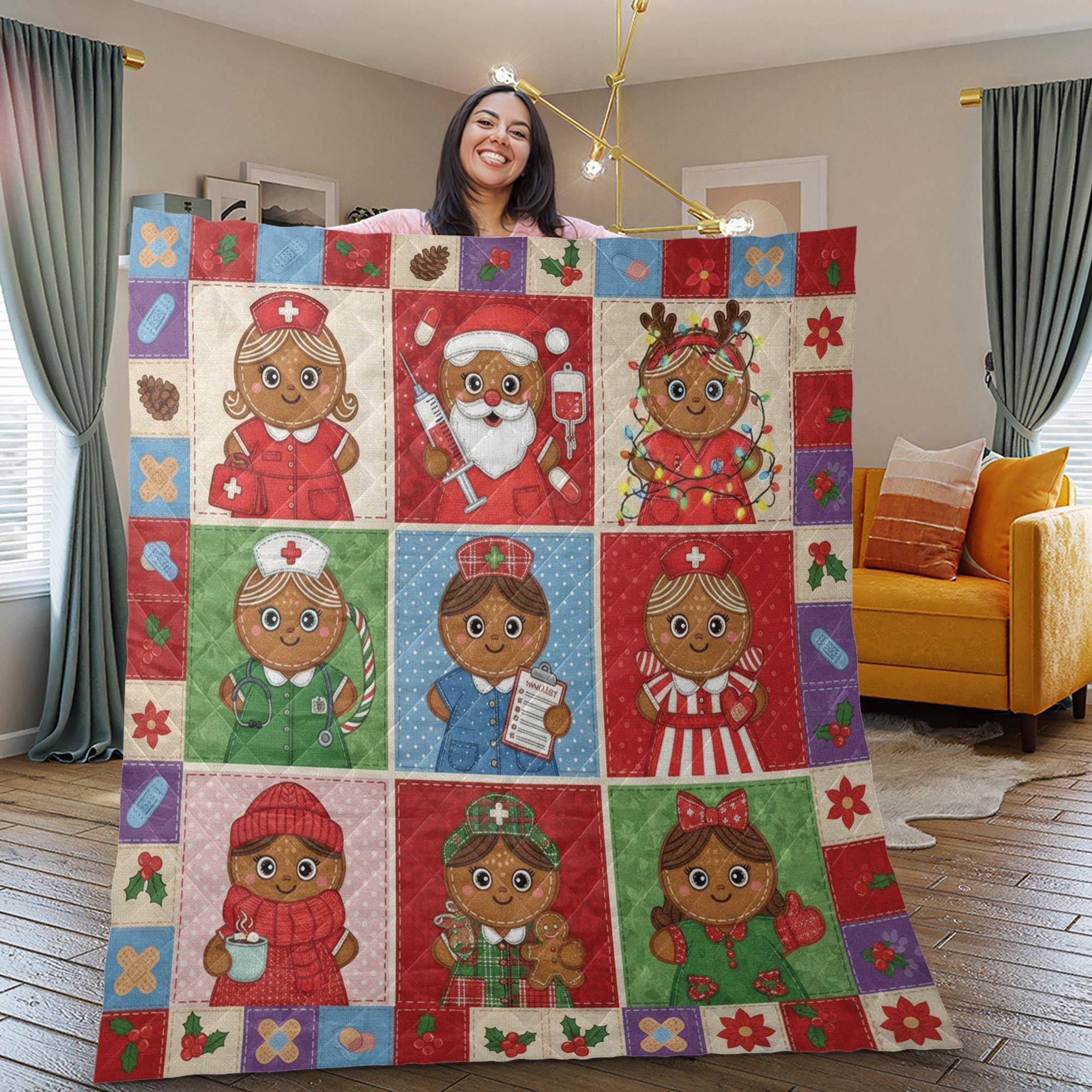 Gingerbread Nurse Quilt Blanket: Christmas Theme, Medical Patchwork Style, Holiday Bedding image 3