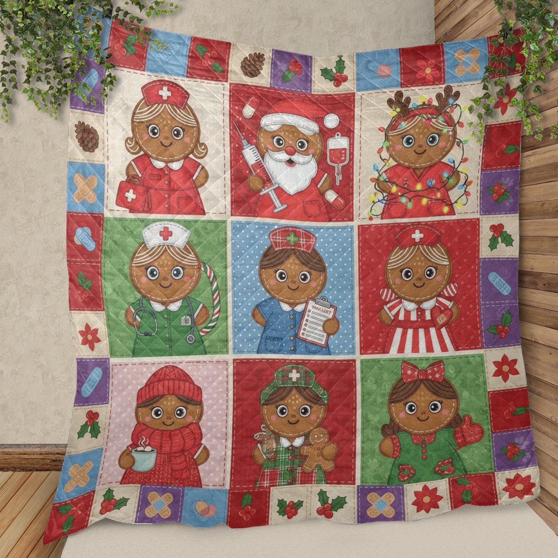 Gingerbread Nurse Quilt Blanket: Christmas Theme, Medical Patchwork Style, Holiday Bedding image 1