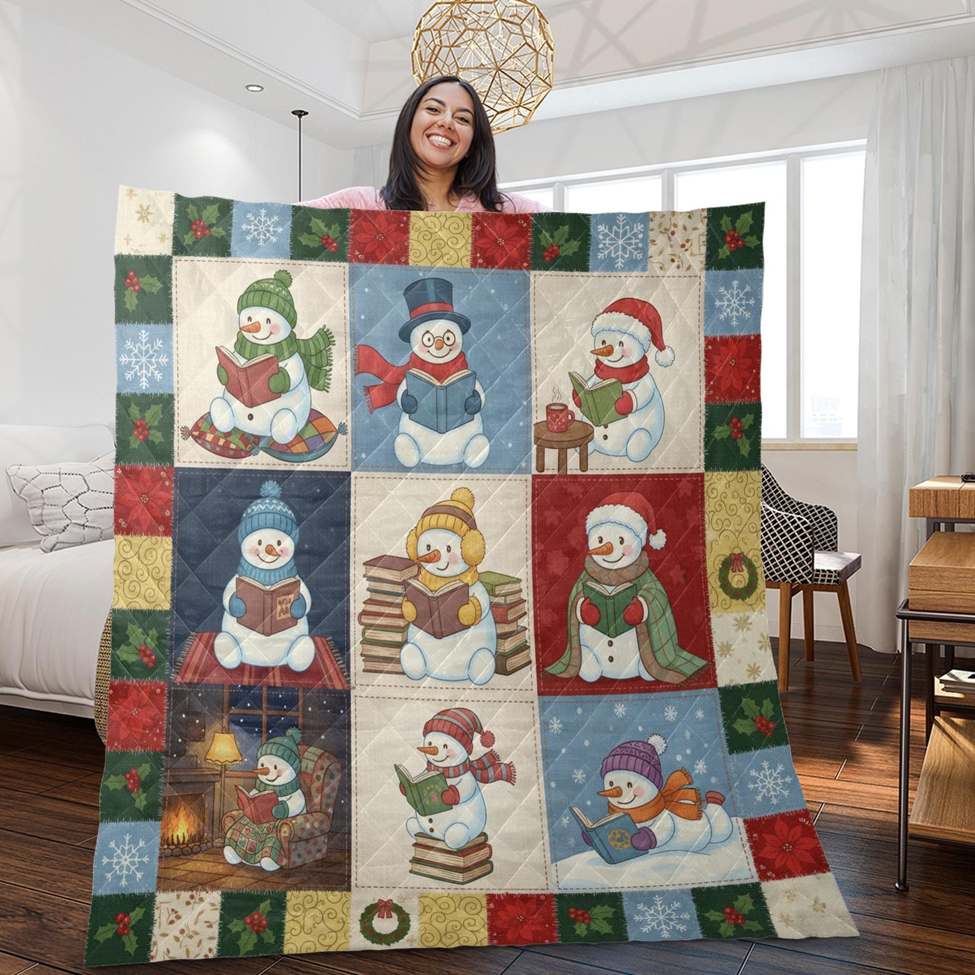 Snowman Quilt Blanket: Reading Theme, Winter Illustrations, Christmas Patchwork Style image 2
