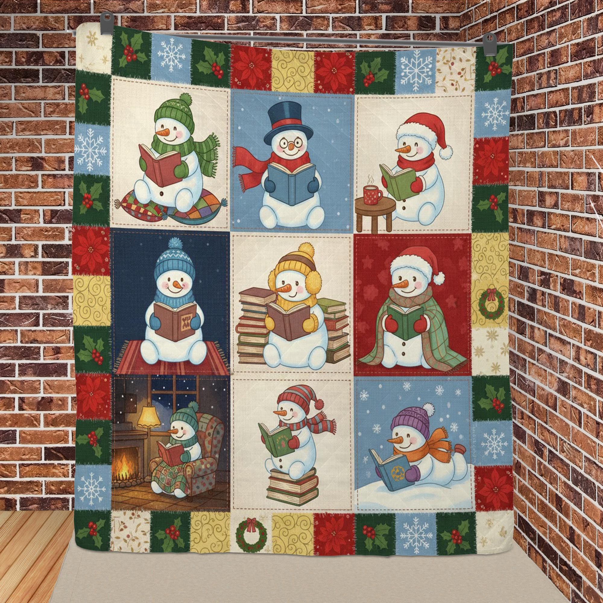 Snowman Quilt Blanket: Reading Theme, Winter Illustrations, Christmas Patchwork Style image 3