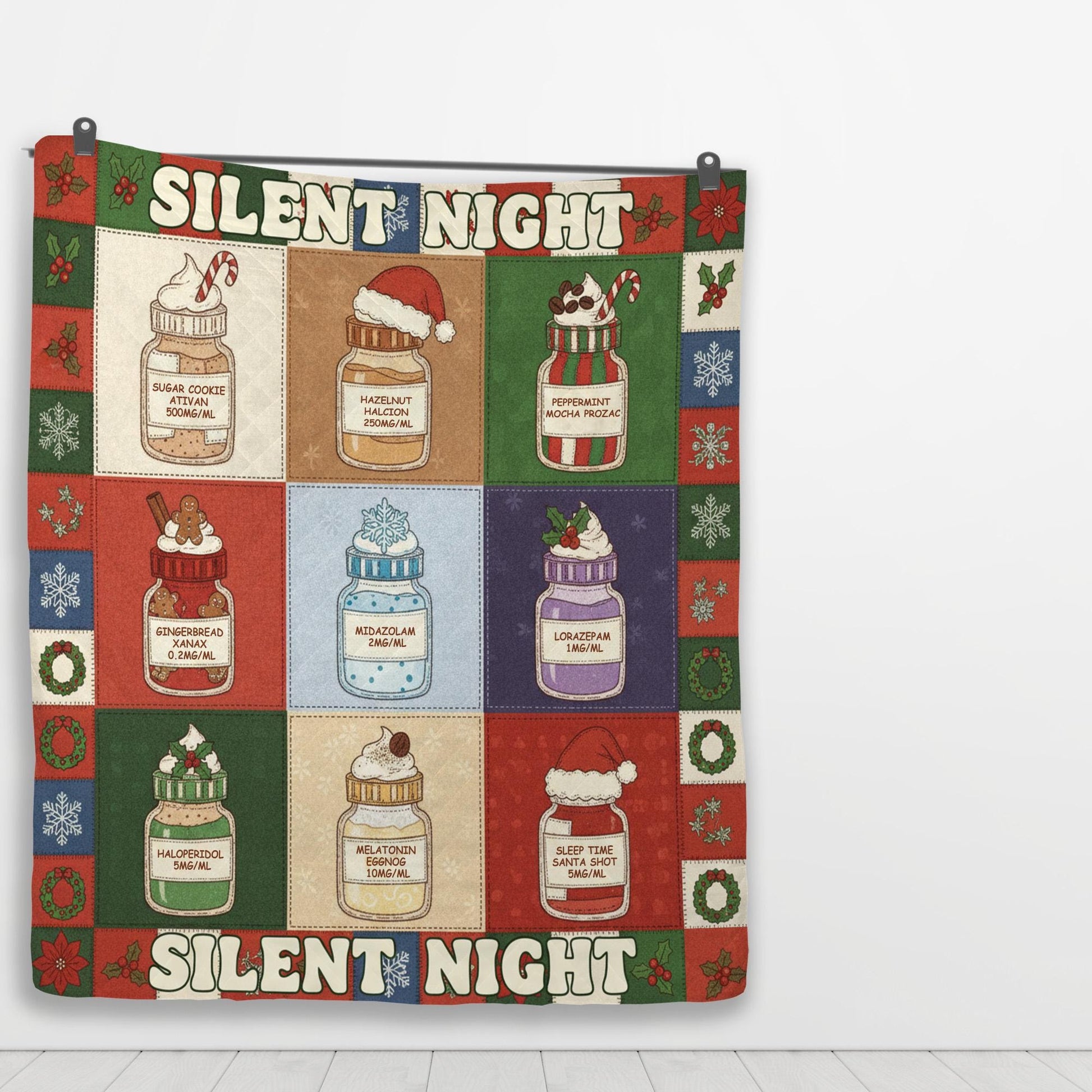 Medical Humor Quilt Blanket: "Silent Night" Slogan, Christmas Pharmacy Jars, Patchwork Style image 3