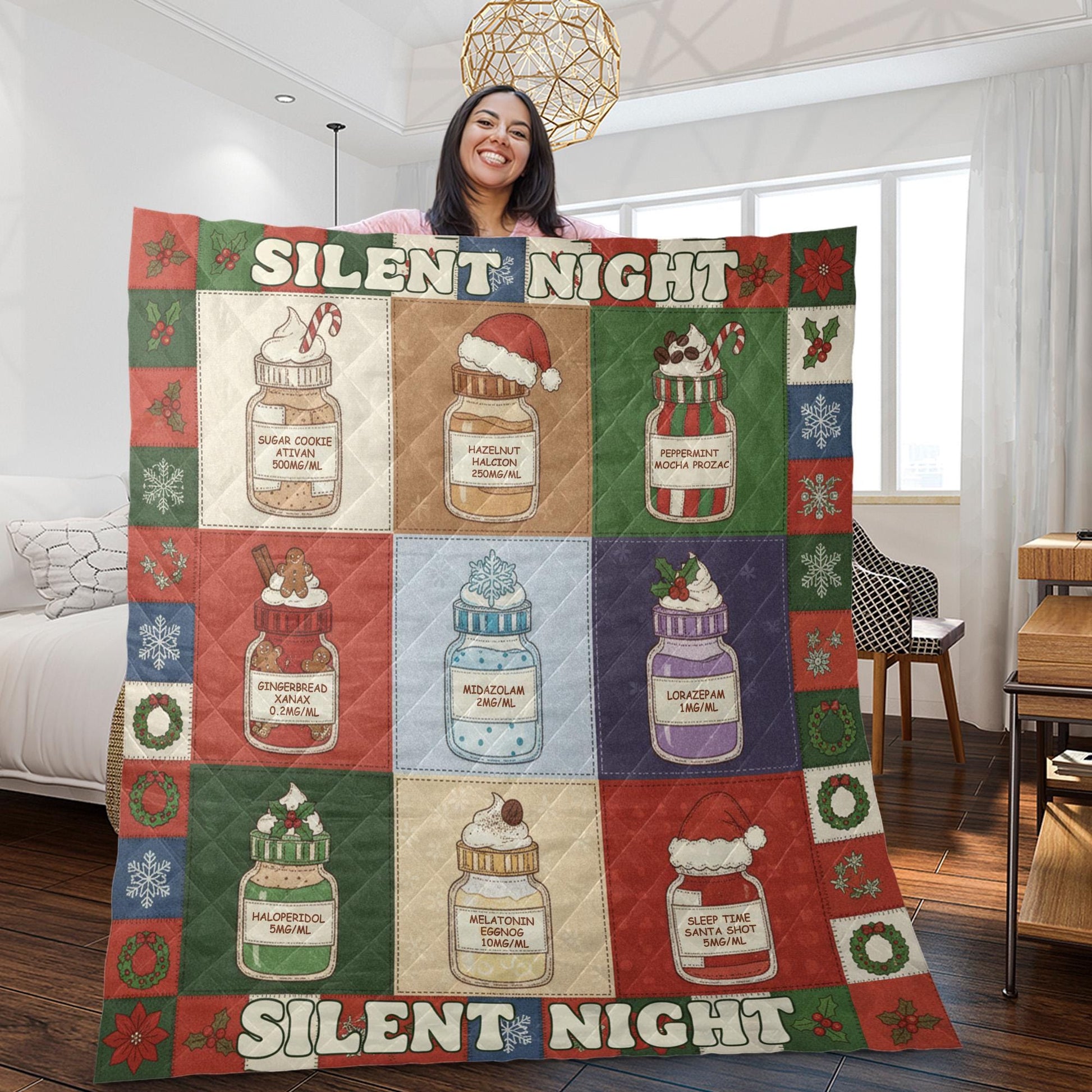 Medical Humor Quilt Blanket: "Silent Night" Slogan, Christmas Pharmacy Jars, Patchwork Style image 2