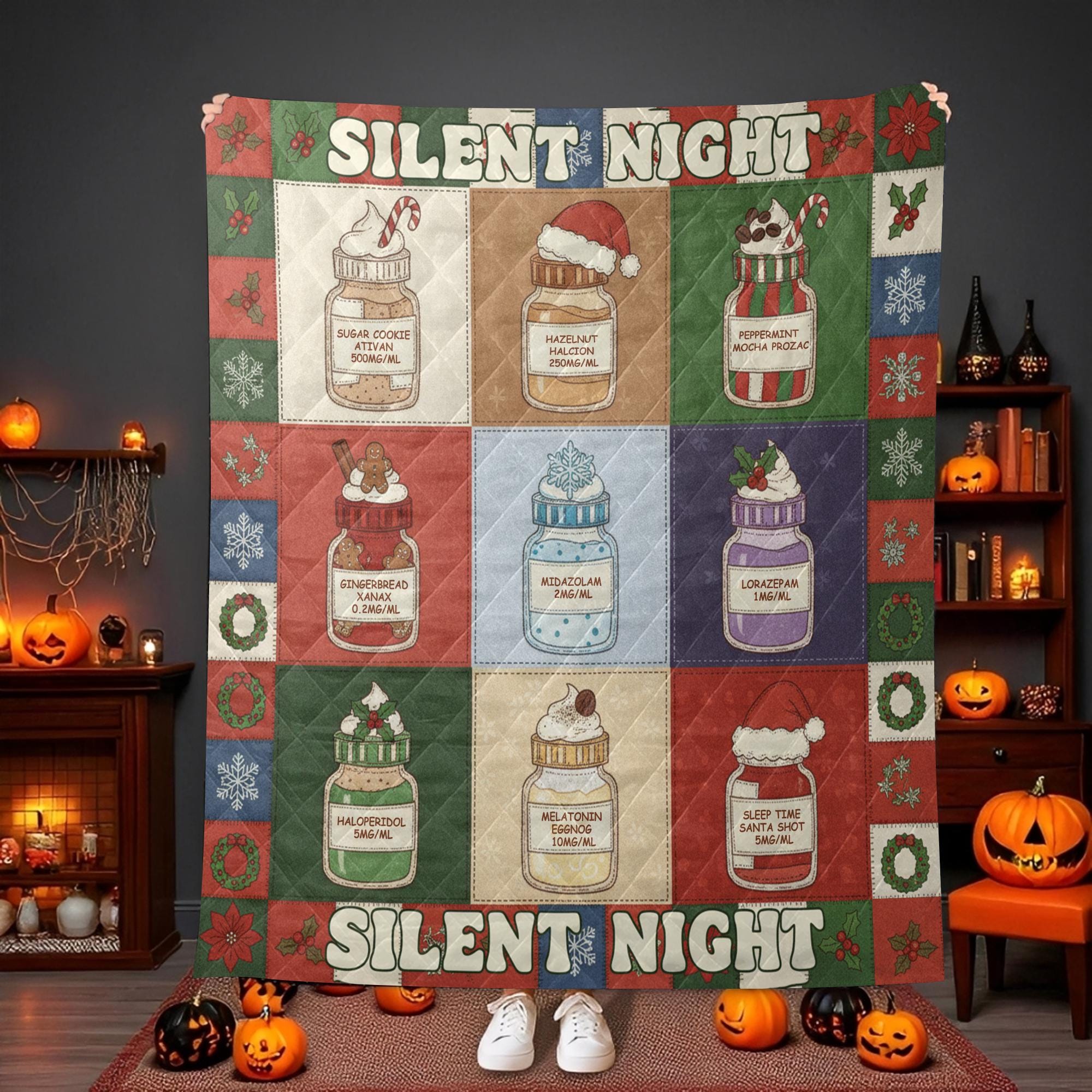 Medical Humor Quilt Blanket: "Silent Night" Slogan, Christmas Pharmacy Jars, Patchwork Style image 9