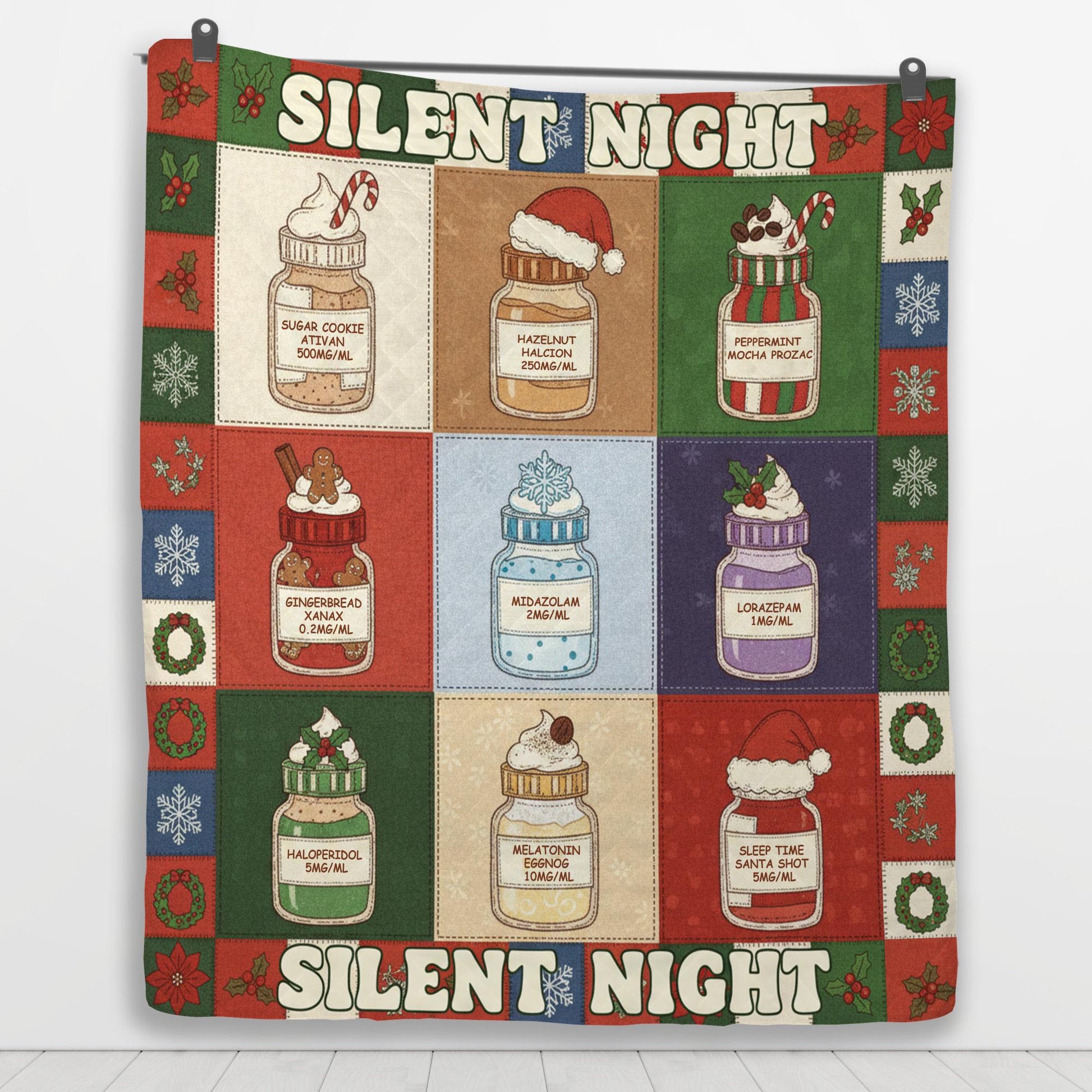 Medical Humor Quilt Blanket: "Silent Night" Slogan, Christmas Pharmacy Jars, Patchwork Style image 6