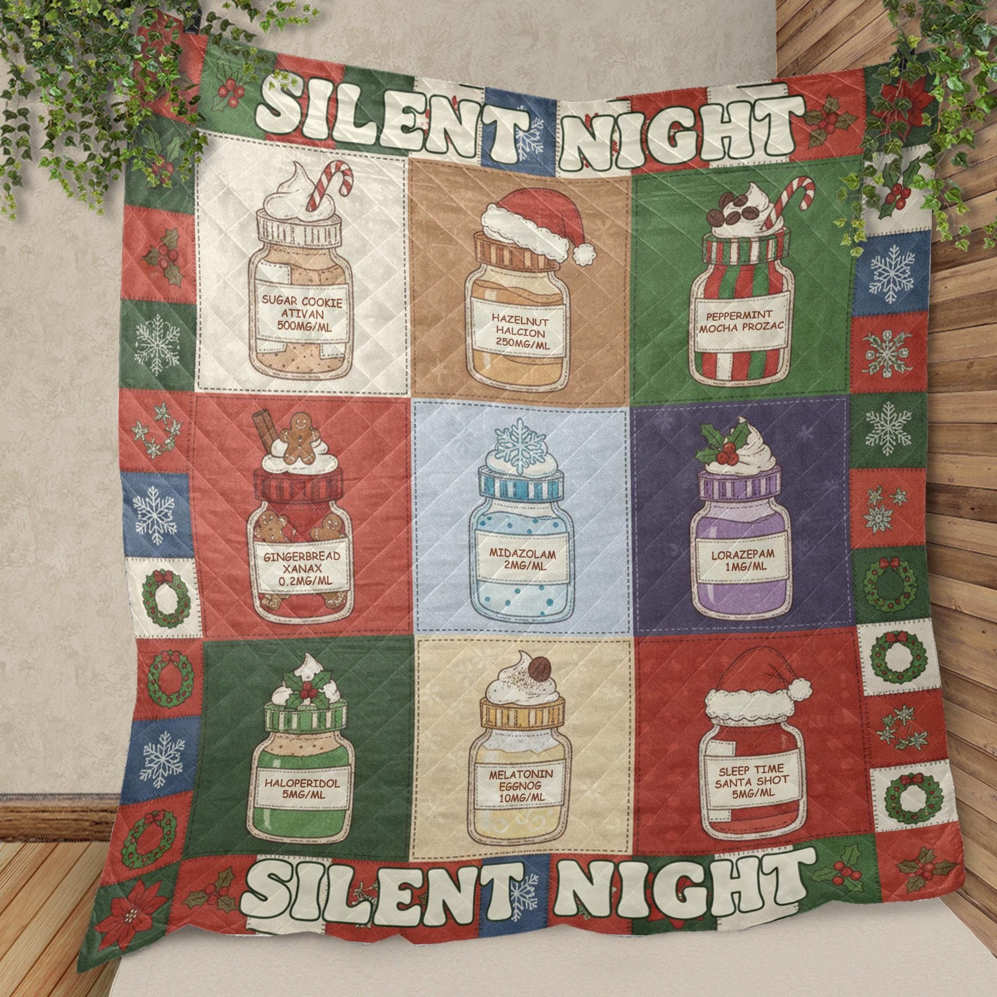 Medical Humor Quilt Blanket: "Silent Night" Slogan, Christmas Pharmacy Jars, Patchwork Style image 8