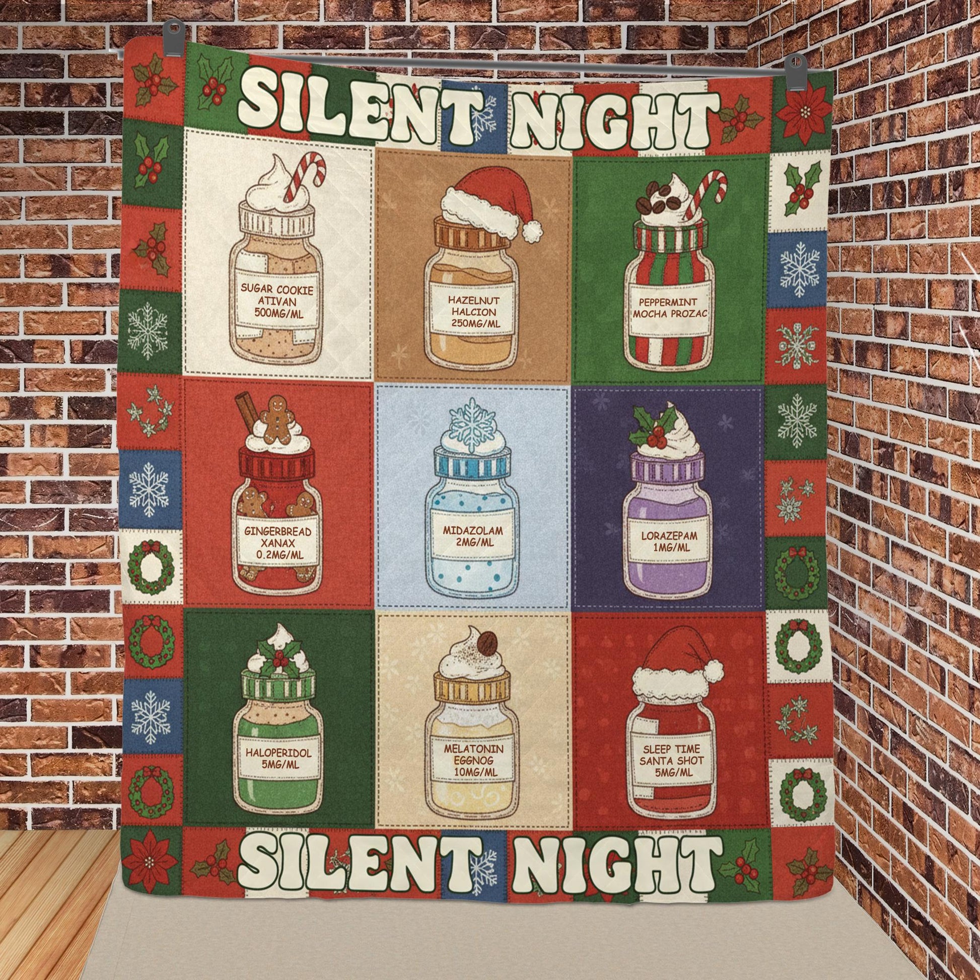 Medical Humor Quilt Blanket: "Silent Night" Slogan, Christmas Pharmacy Jars, Patchwork Style image 4