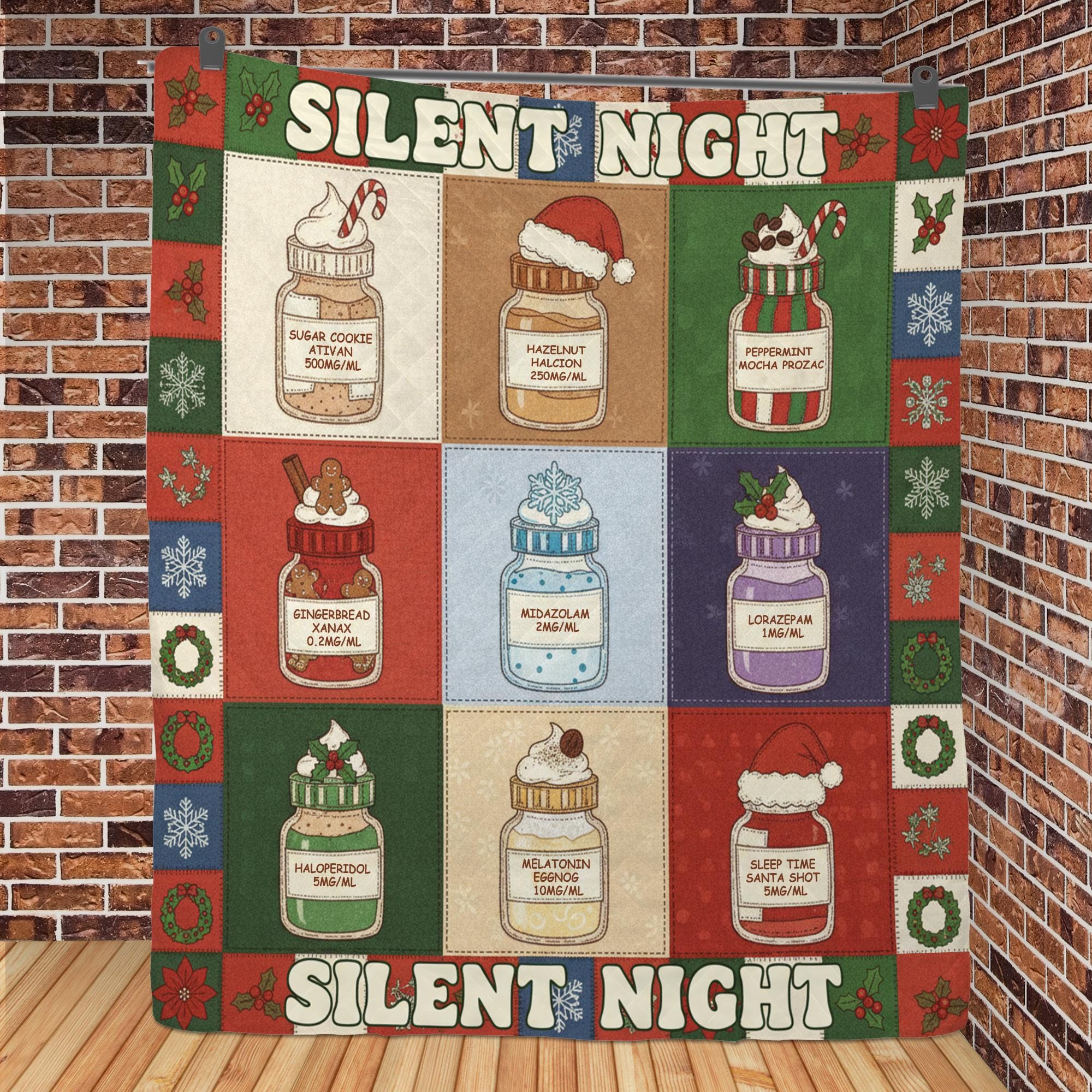Medical Humor Quilt Blanket: "Silent Night" Slogan, Christmas Pharmacy Jars, Patchwork Style image 5