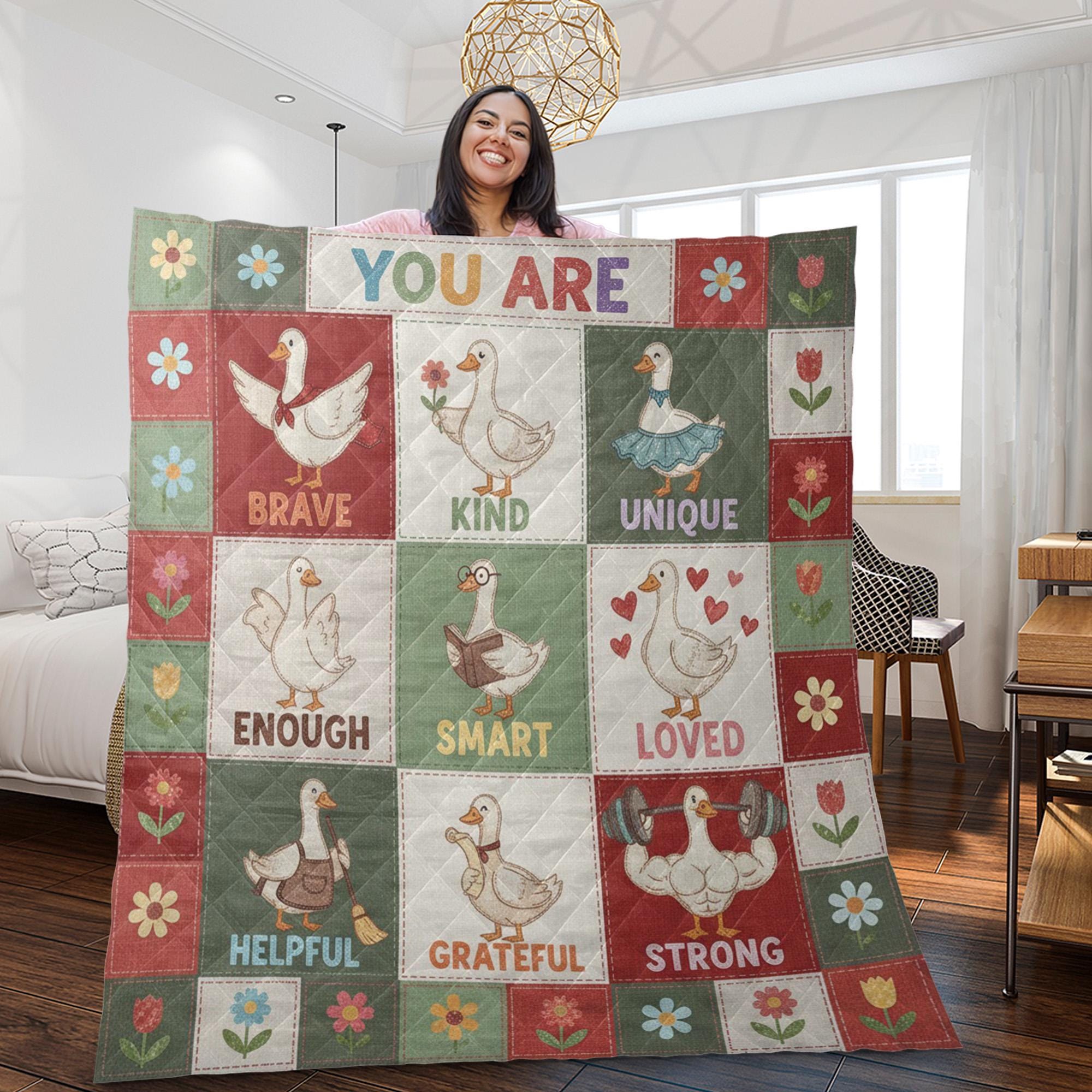Goose Quilt Blanket: Inspirational "You Are" Affirmations, Cartoon Patchwork Style, Brave Kind Loved image 1
