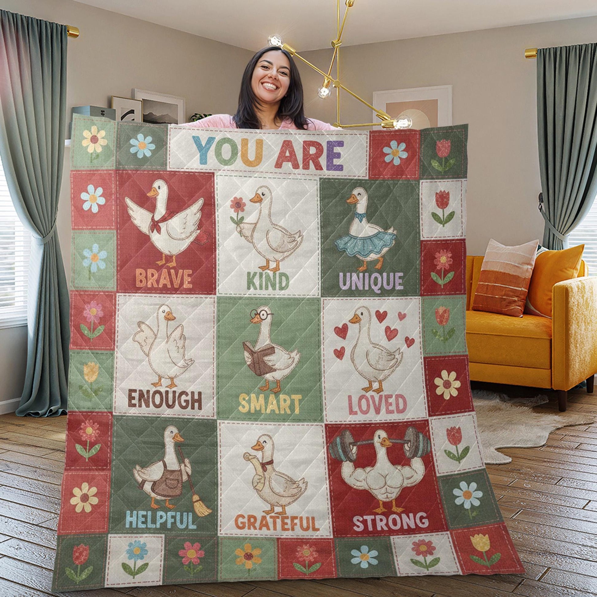 Goose Quilt Blanket: Inspirational "You Are" Affirmations, Cartoon Patchwork Style, Brave Kind Loved image 2