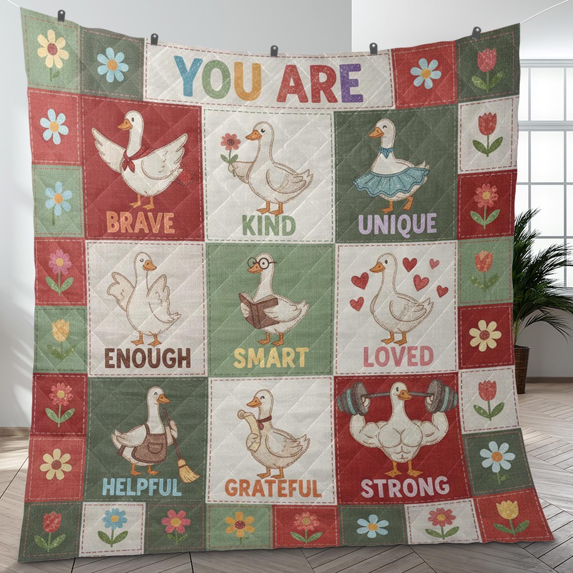 Goose Quilt Blanket: Inspirational "You Are" Affirmations, Cartoon Patchwork Style, Brave Kind Loved image 7