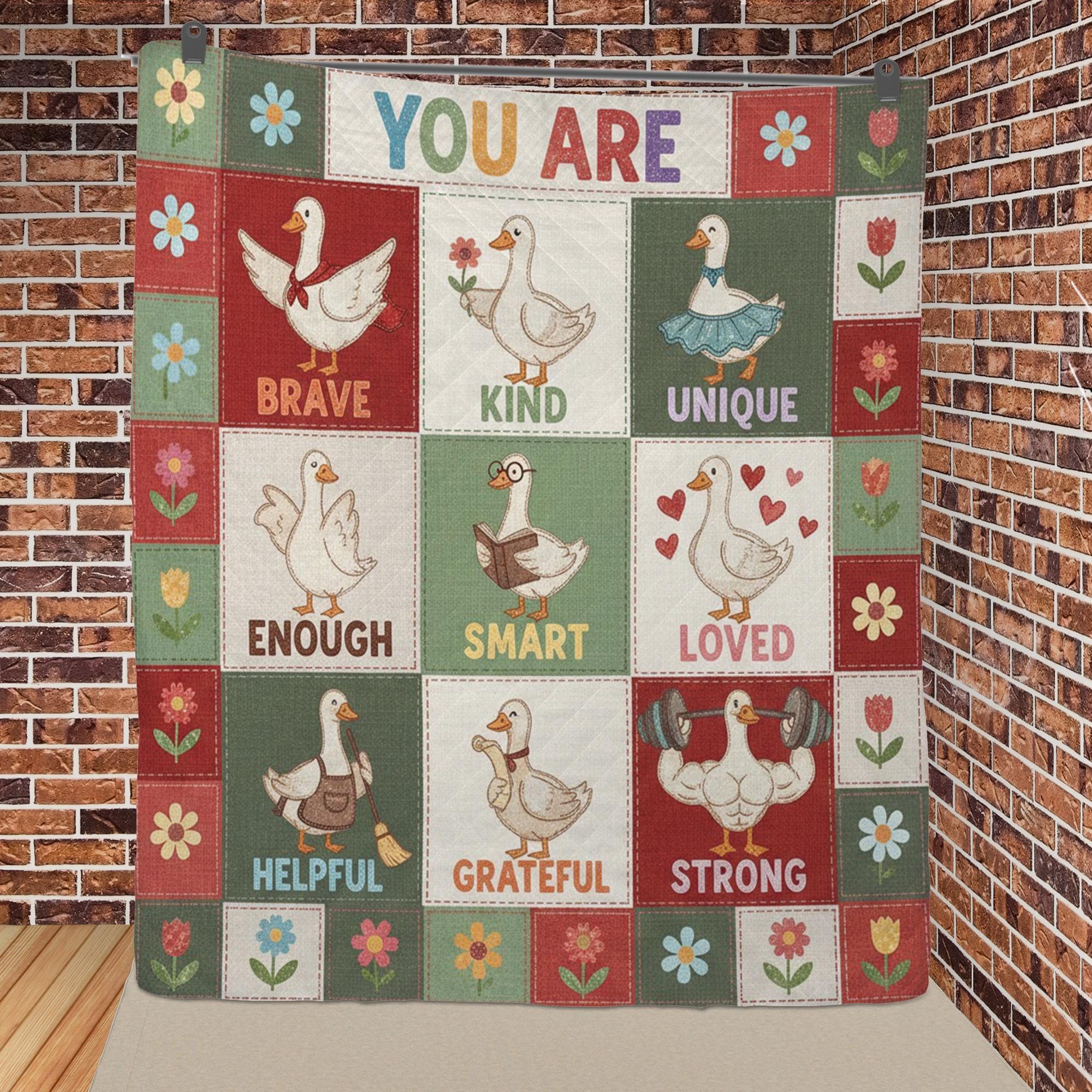 Goose Quilt Blanket: Inspirational "You Are" Affirmations, Cartoon Patchwork Style, Brave Kind Loved image 4
