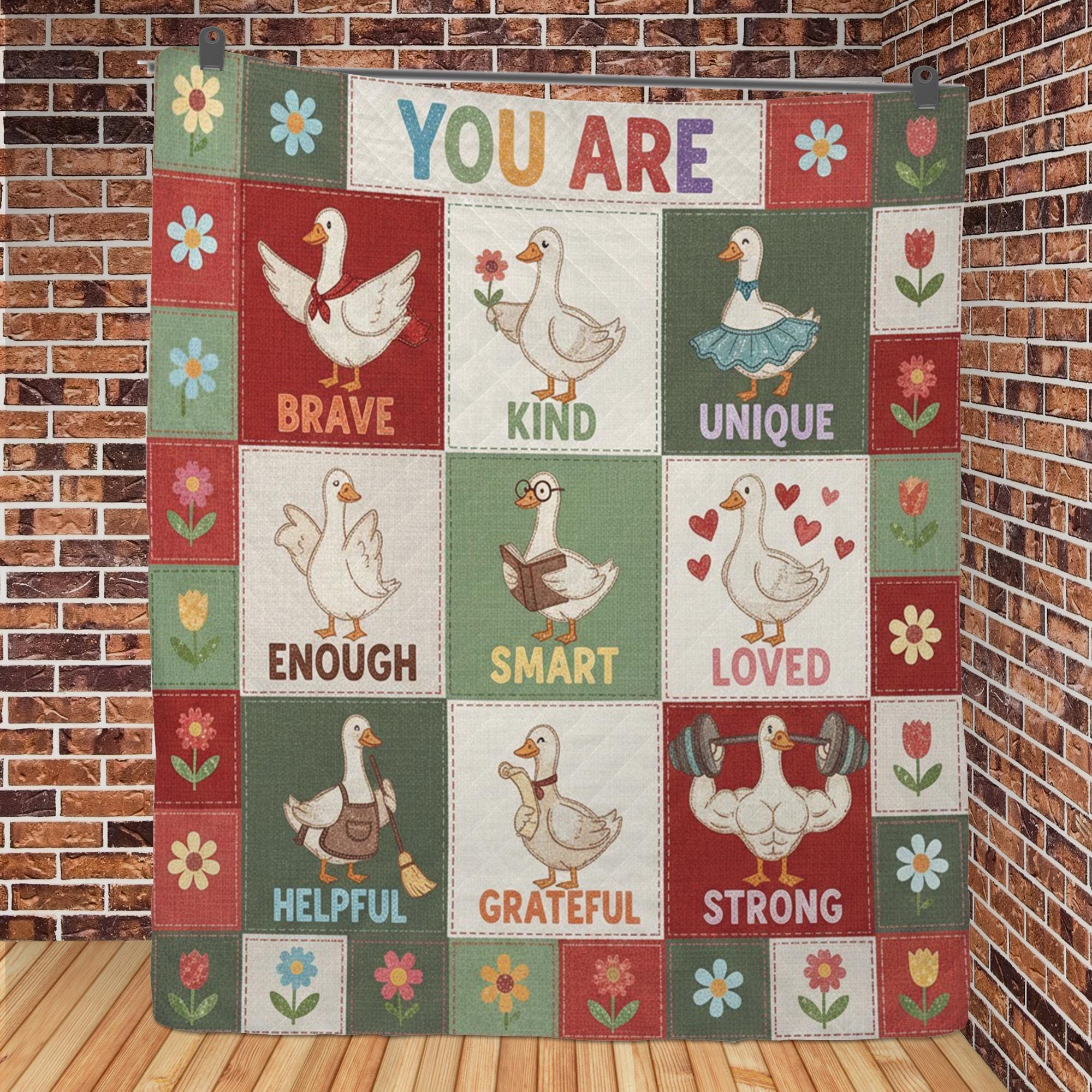 Goose Quilt Blanket: Inspirational "You Are" Affirmations, Cartoon Patchwork Style, Brave Kind Loved image 5