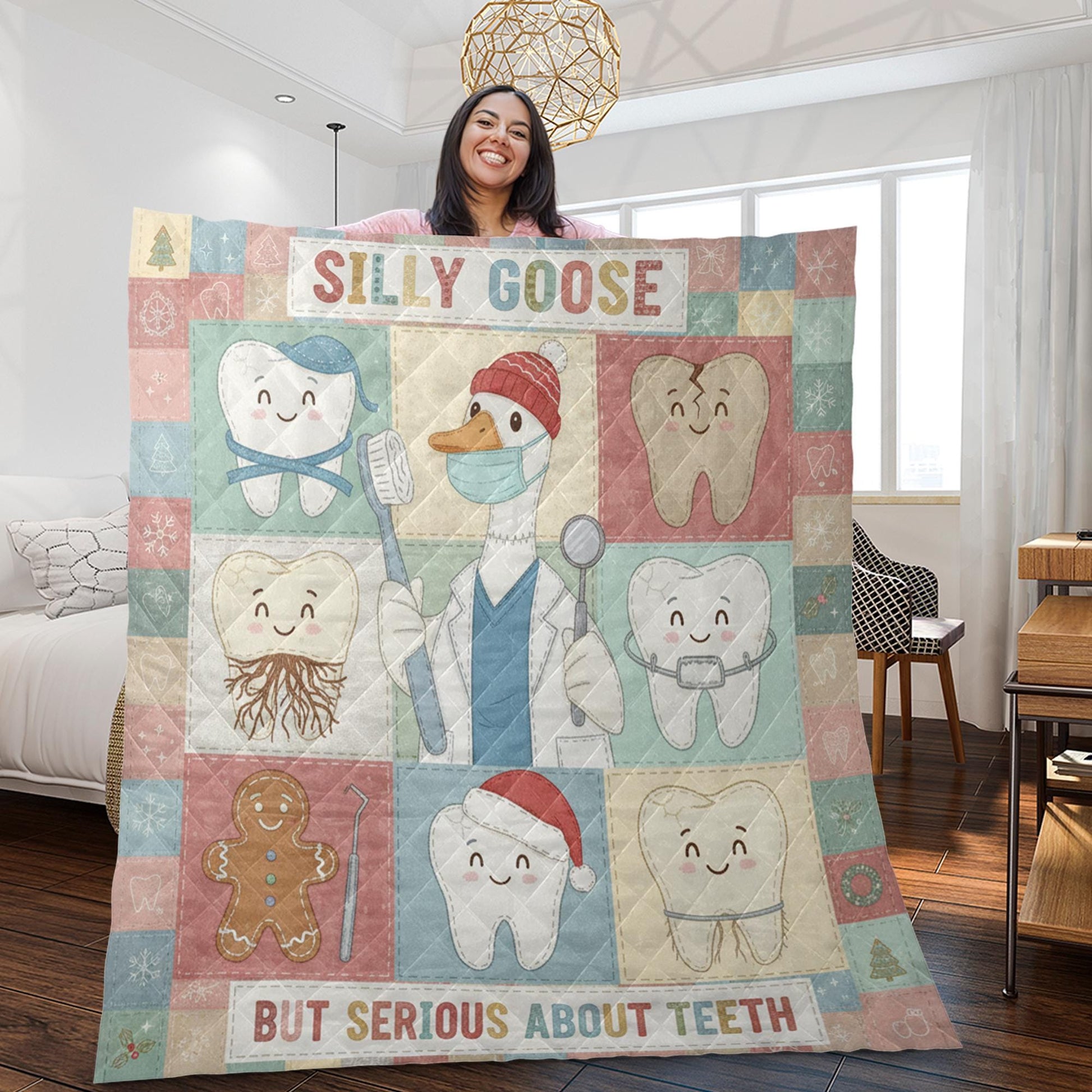 Dentist Quilt Blanket: "Silly Goose" Slogan, Dental Theme, Christmas Patchwork Style image 2
