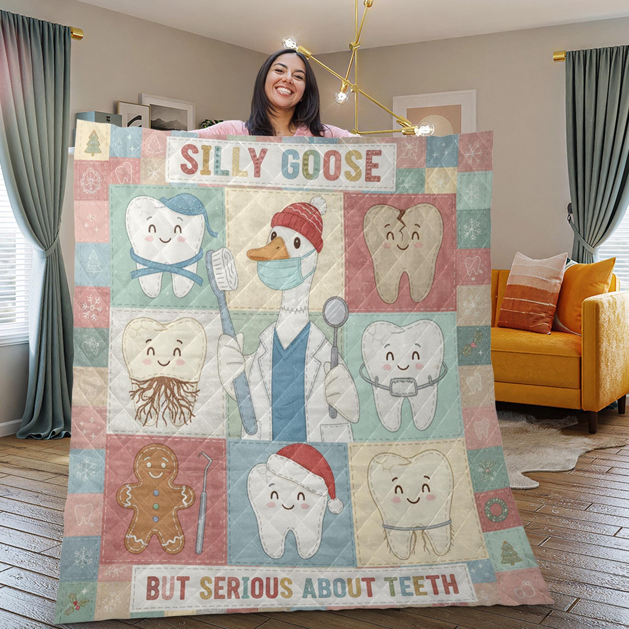Dentist Quilt Blanket: "Silly Goose" Slogan, Dental Theme, Christmas Patchwork Style image 1
