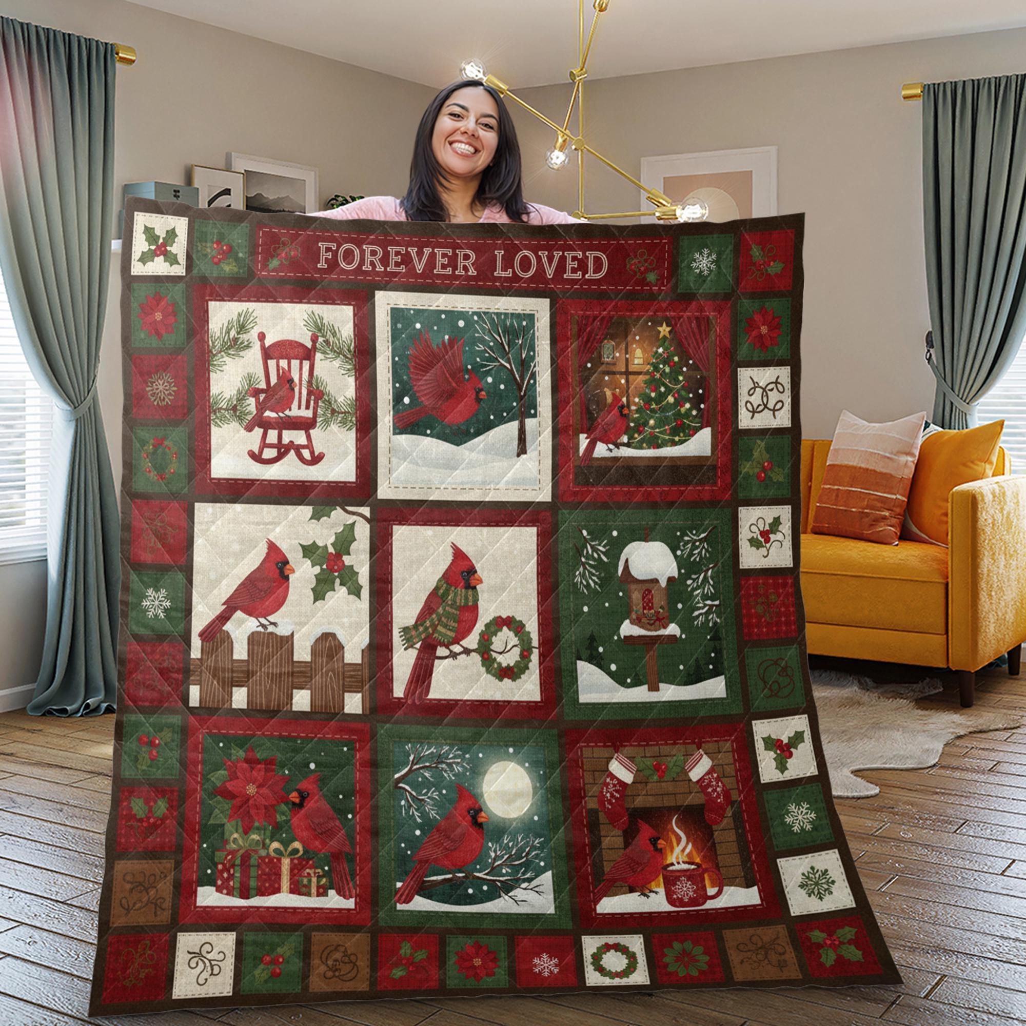 Cardinal Memorial Quilt Blanket: "Forever Loved" Slogan, Christmas Theme, Patchwork Style image 1