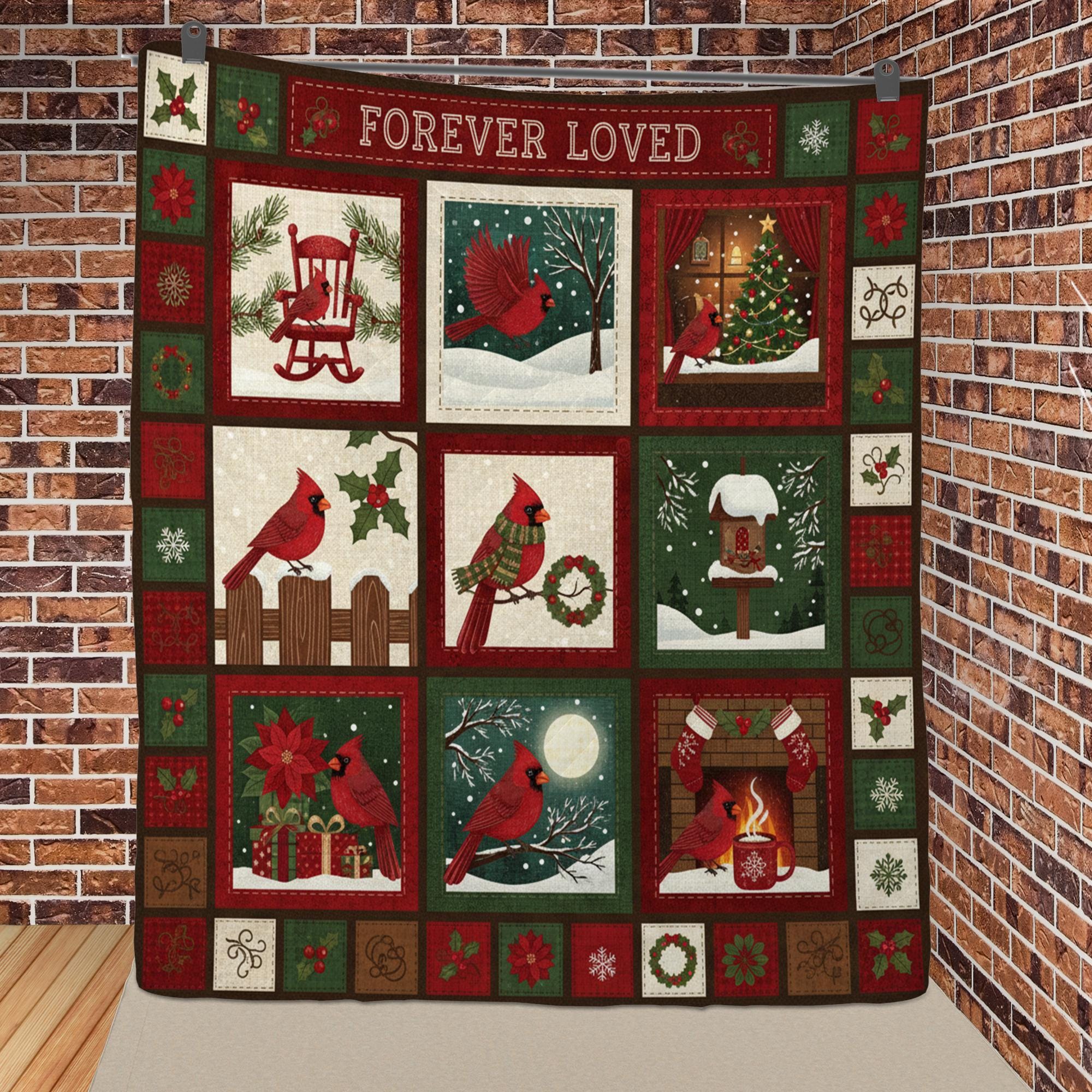 Cardinal Memorial Quilt Blanket: "Forever Loved" Slogan, Christmas Theme, Patchwork Style image 2