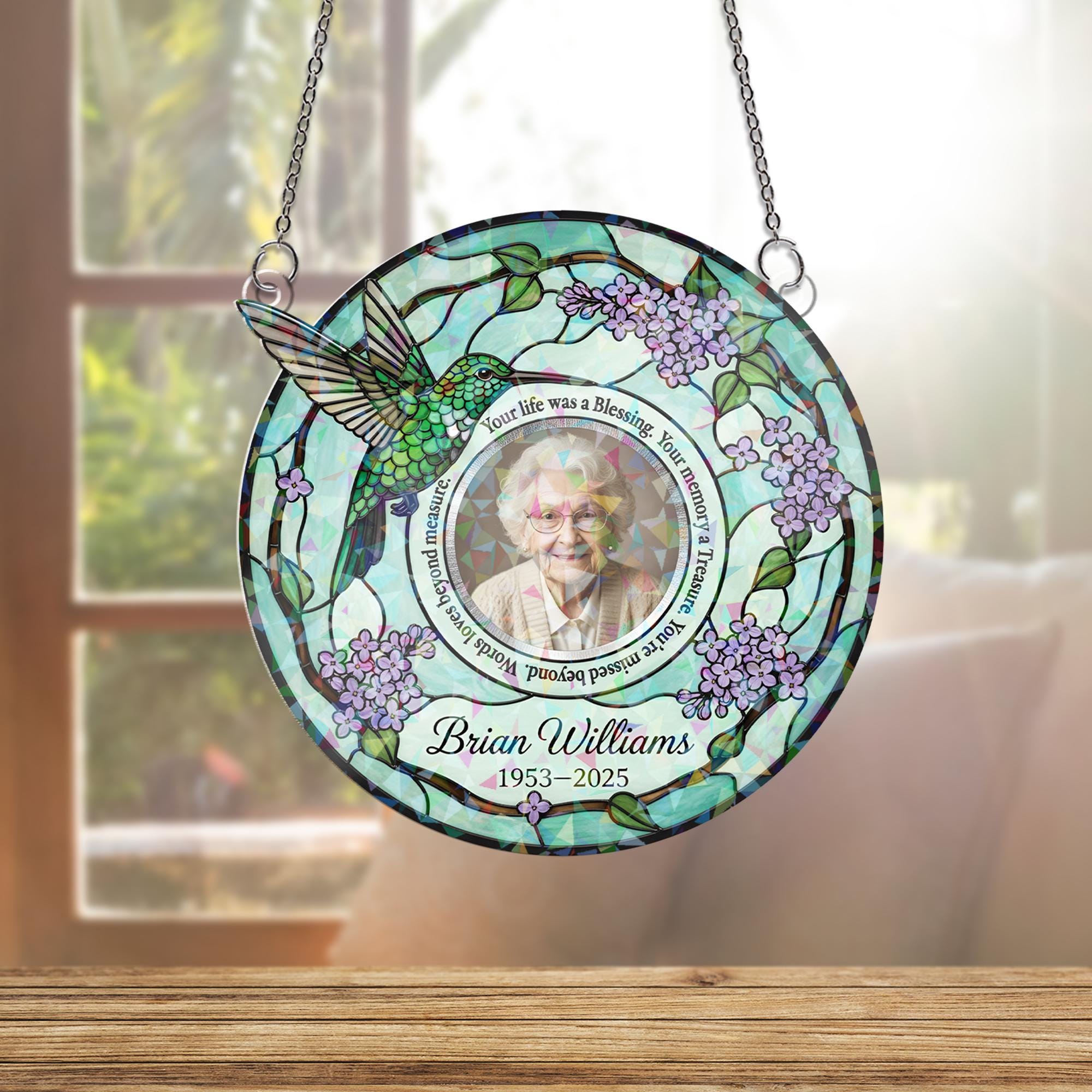 Memorial Acrylic Suncatcher: Hologram Hummingbird Lilac Design, Custom Photo & Name image 5