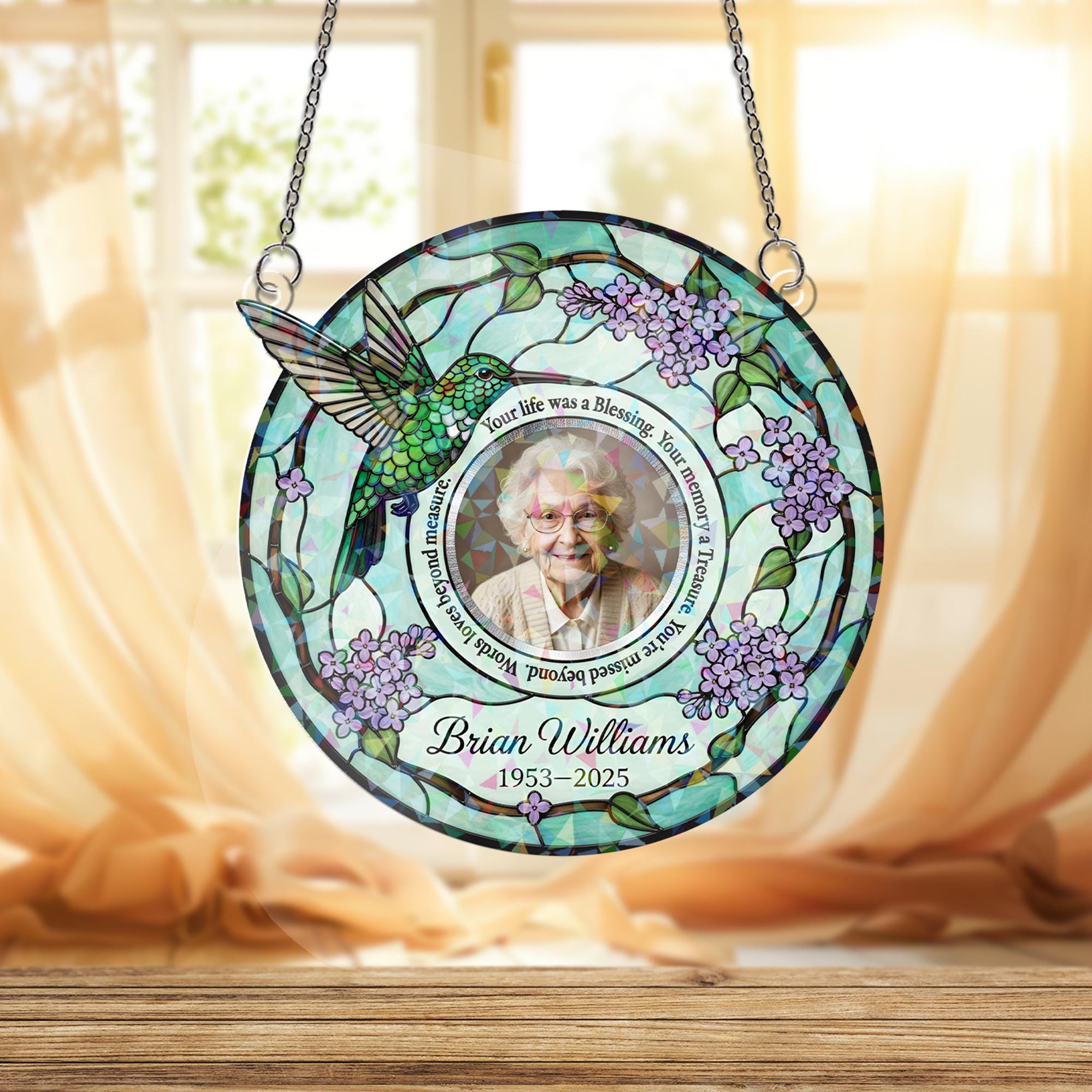 Memorial Acrylic Suncatcher: Hologram Hummingbird Lilac Design, Custom Photo & Name image 4