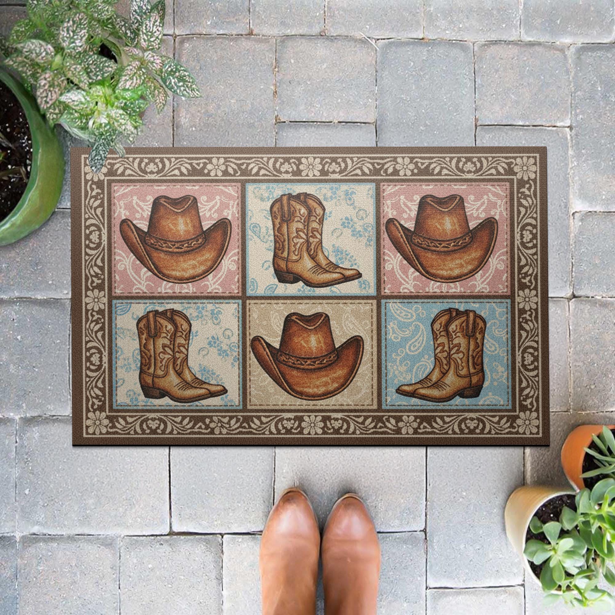 Cowboy Hat & Boots Doormat – Rustic Western Entry Mat image 1