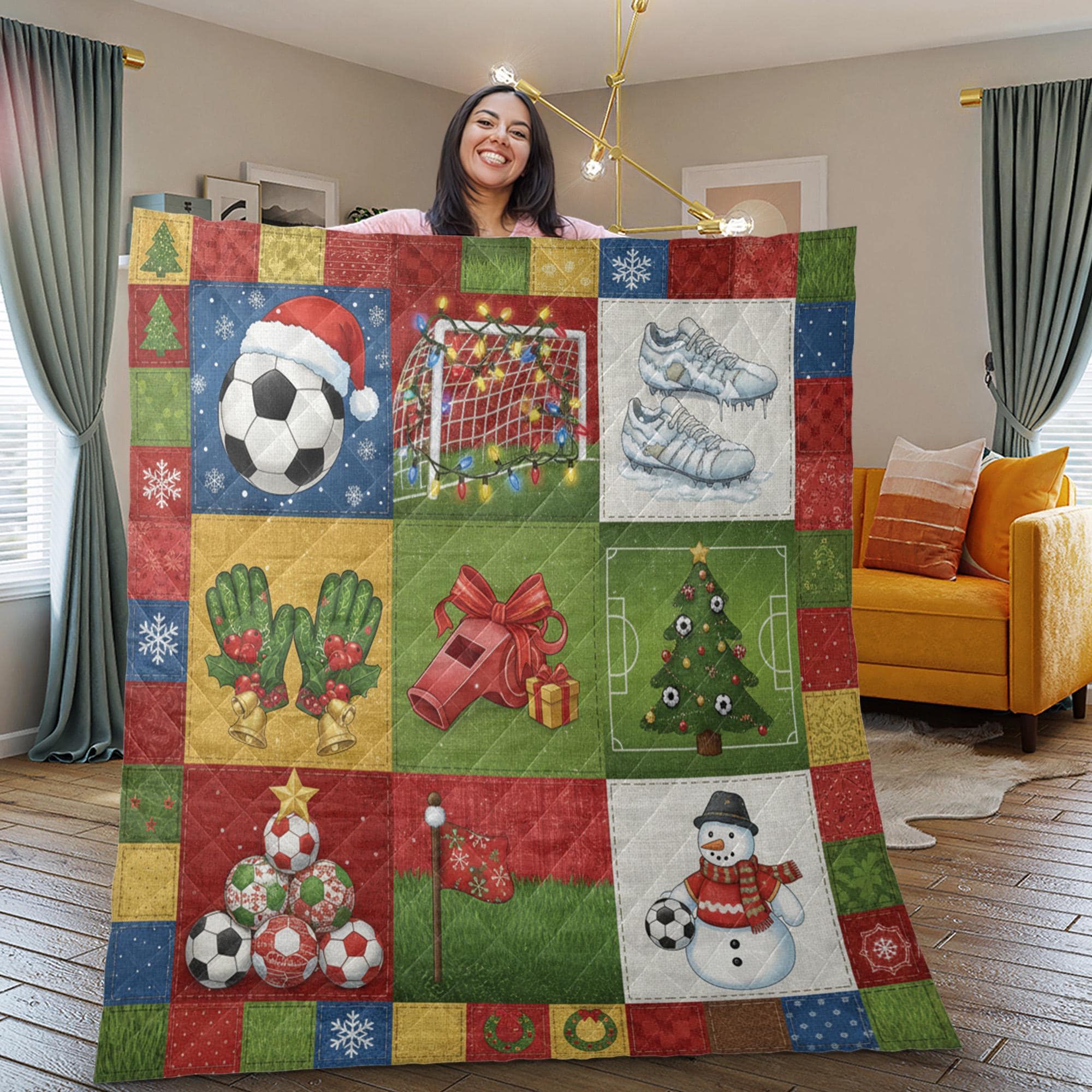 Soccer Quilt Blanket: Christmas Theme, Holiday Sports Decor, Patchwork Style image 2