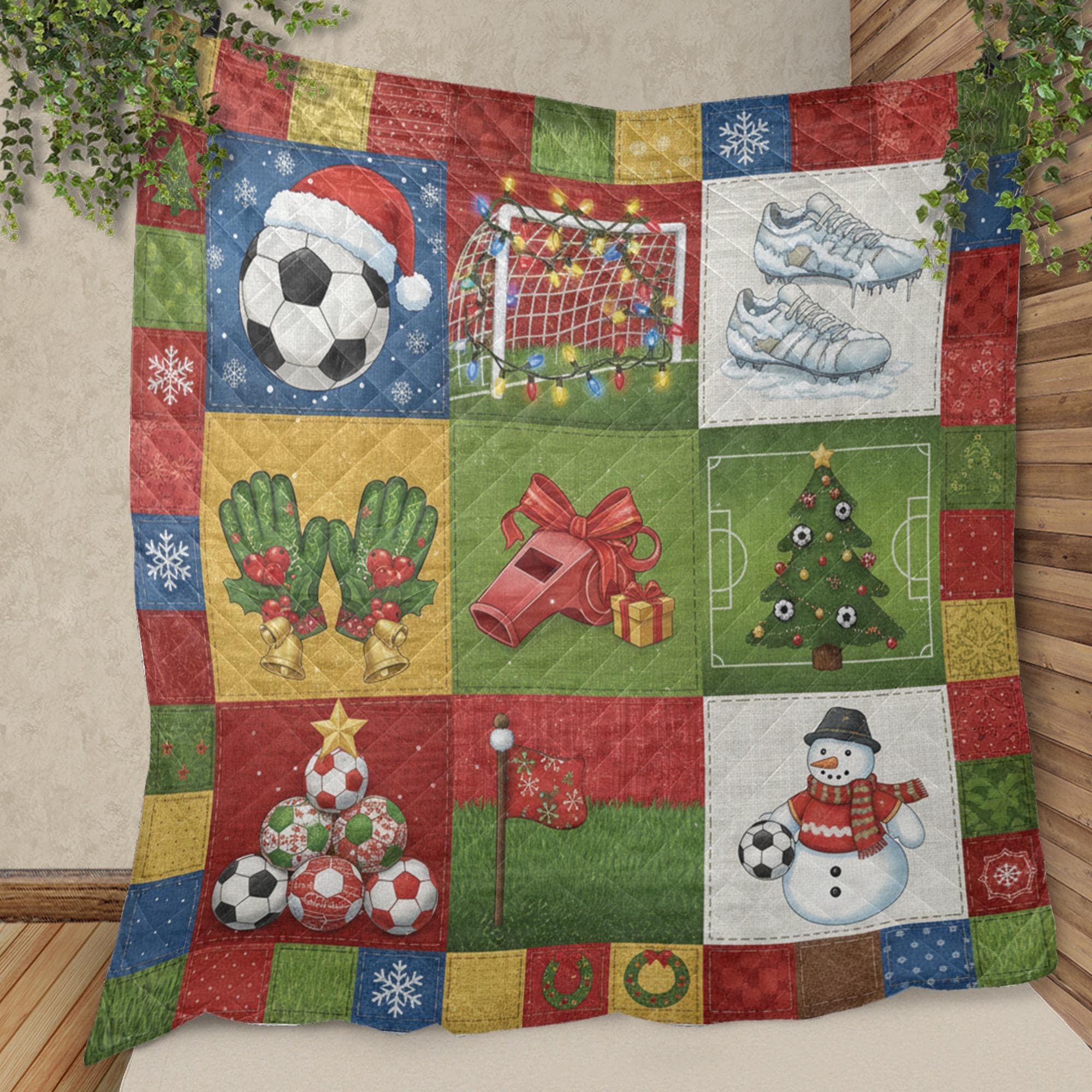 Soccer Quilt Blanket: Christmas Theme, Holiday Sports Decor, Patchwork Style image 1