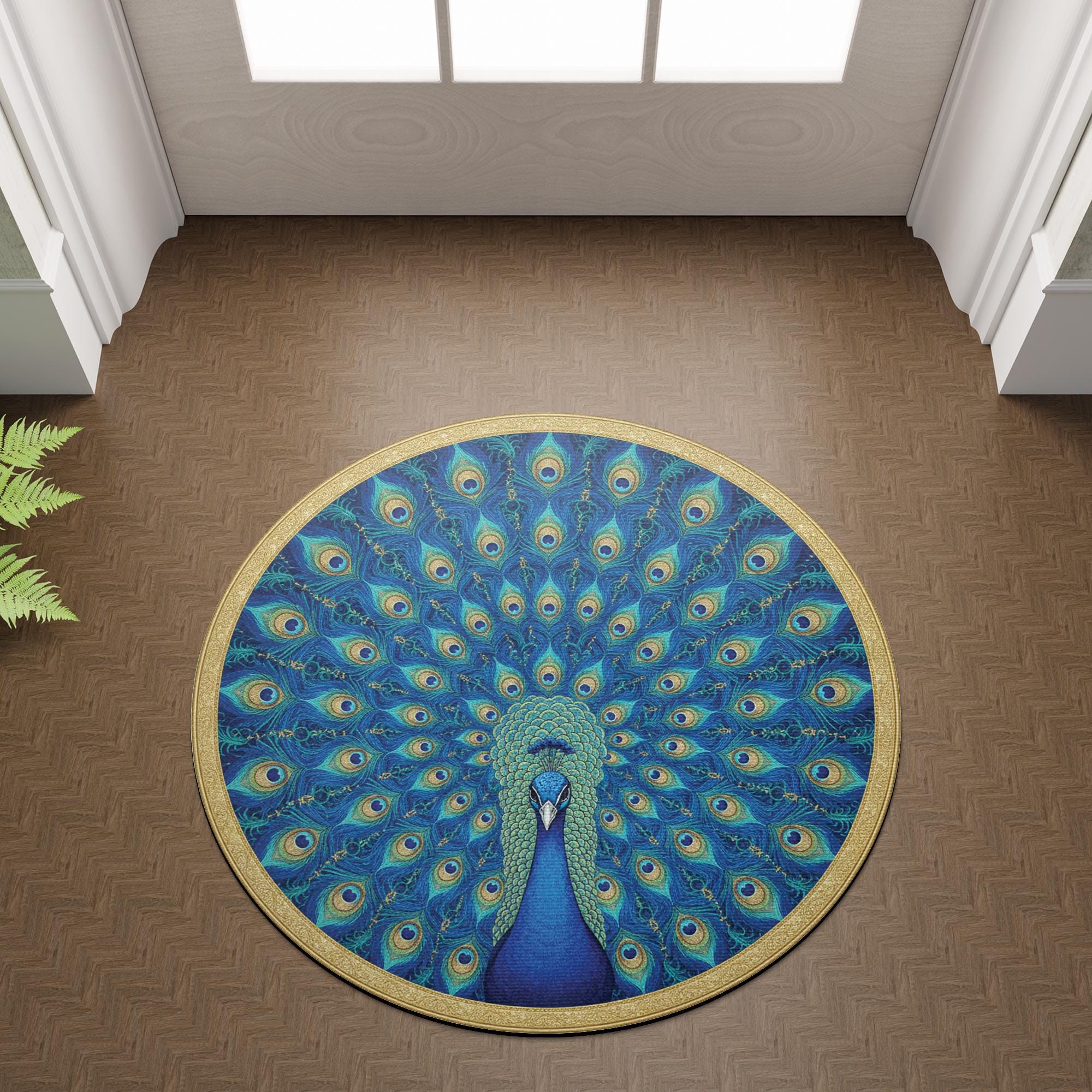 Round Peacock Tail Rug – Decorative Floor Mat – Blue Gold Feather Design image 1