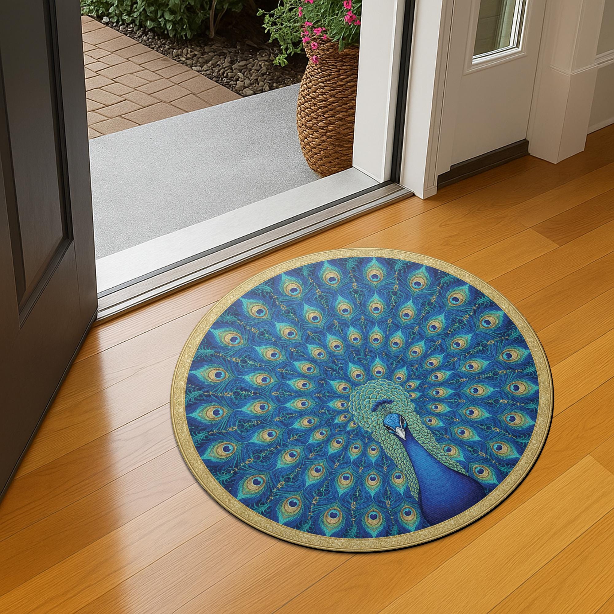 Round Peacock Tail Rug – Decorative Floor Mat – Blue Gold Feather Design image 2
