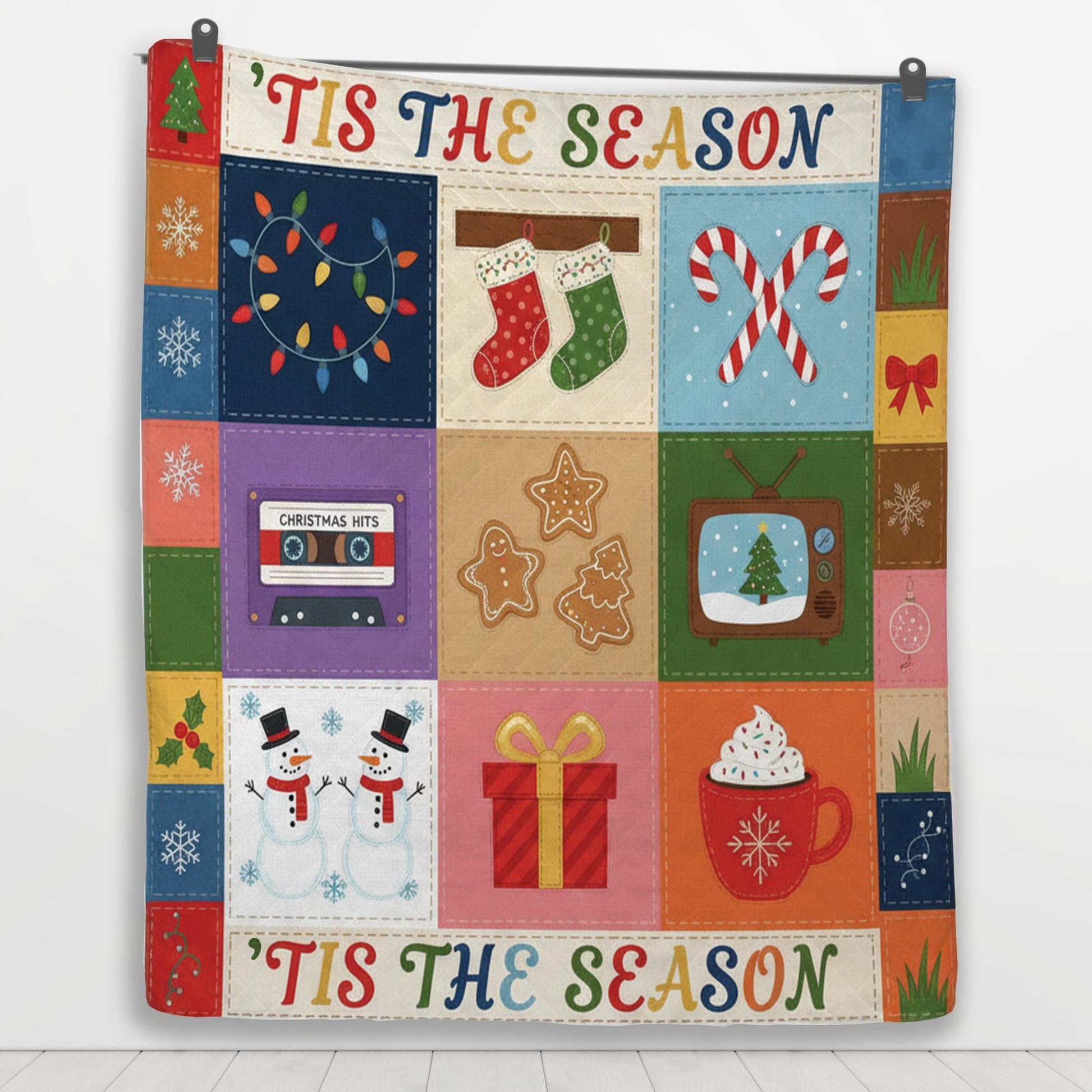 Christmas Quilt Blanket: "'Tis the Season" Slogan, Retro Holiday Illustrations, Patchwork Style image 6