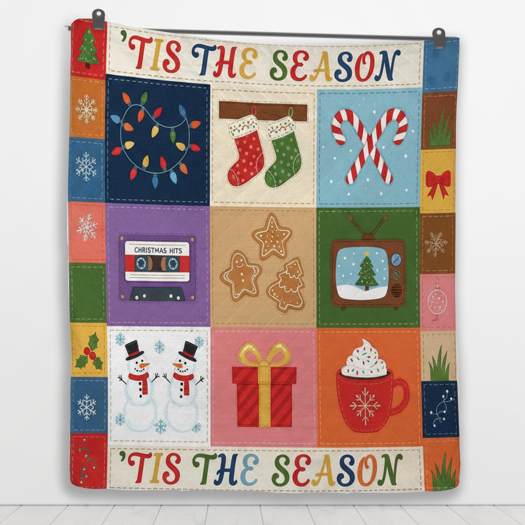 Christmas Quilt Blanket: "'Tis the Season" Slogan, Retro Holiday Illustrations, Patchwork Style image 6