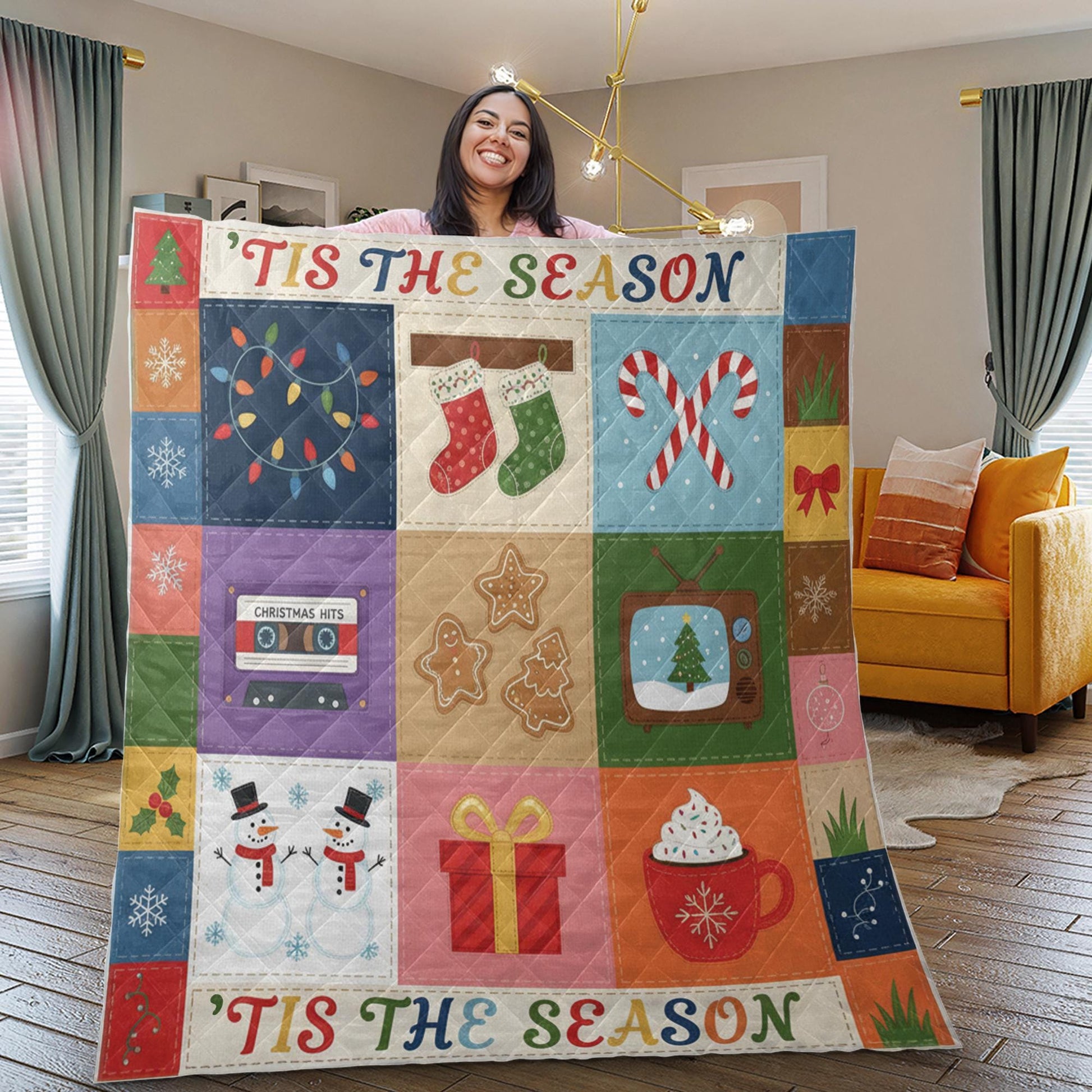 Christmas Quilt Blanket: "'Tis the Season" Slogan, Retro Holiday Illustrations, Patchwork Style image 4